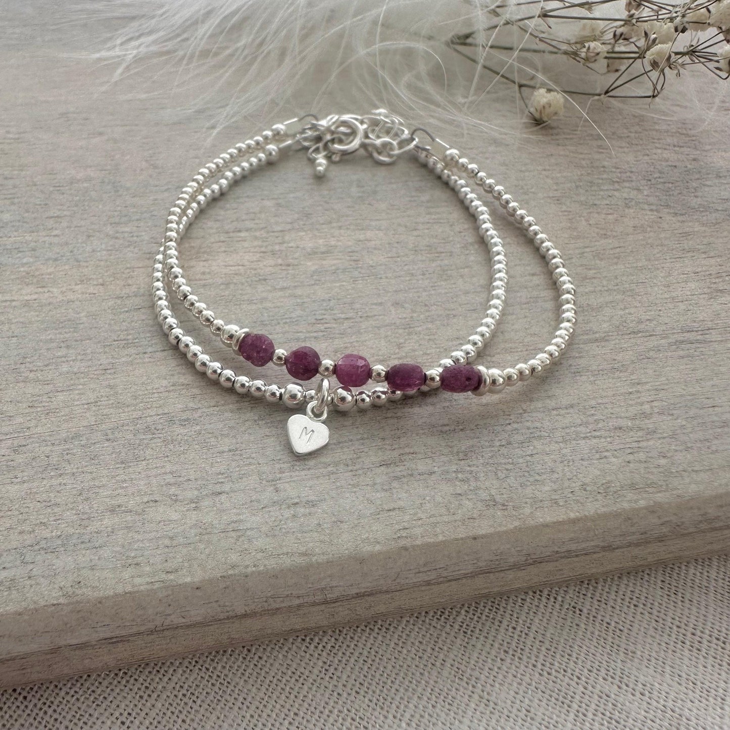 Set of Silver & Ruby Bracelets, Dainty July Birthstone Bracelet in Sterling Silver
