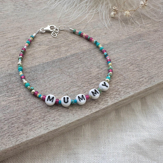 MUMMY Beaded Bracelet, Mummy Gift for Christmas or Birthday with glass letter beads in sterling silver