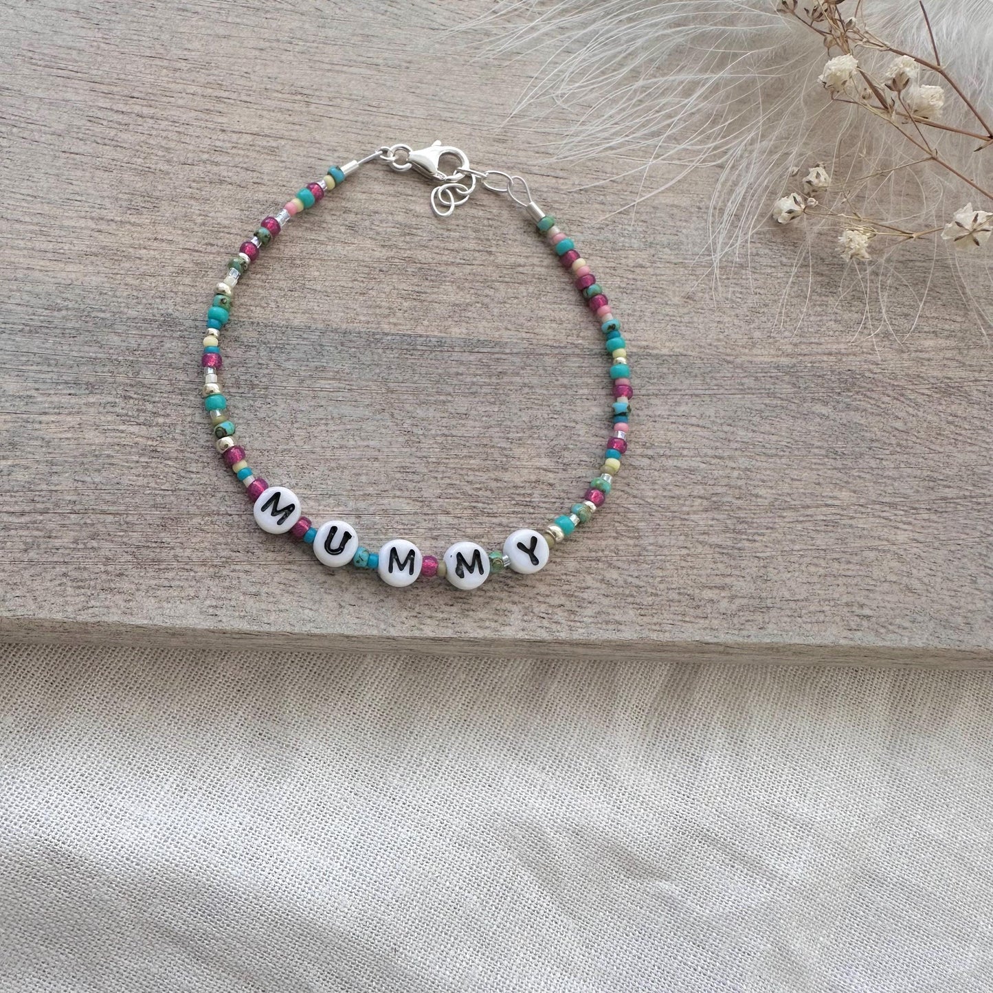 MUMMY Beaded Bracelet, Mummy Gift for Christmas or Birthday with glass letter beads in sterling silver