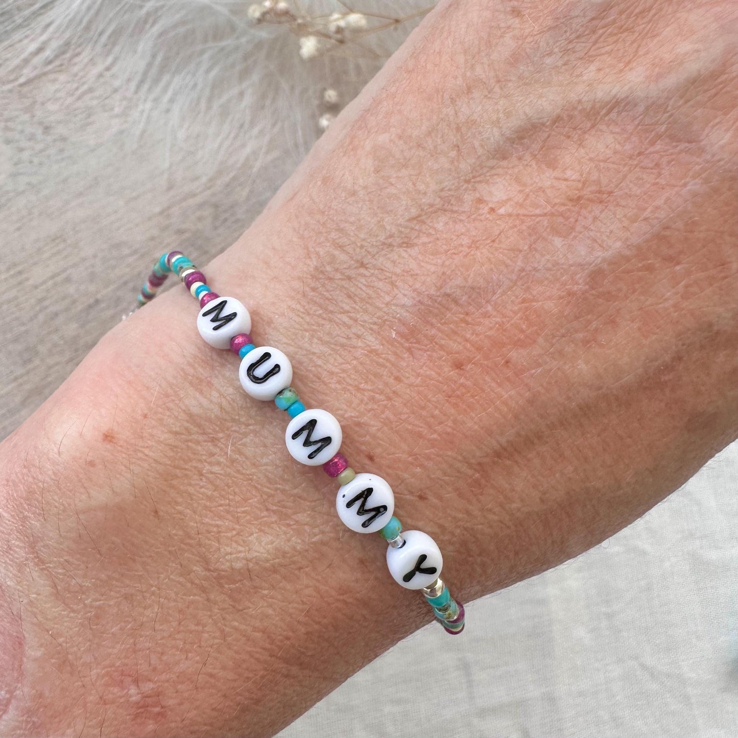 MUMMY Beaded Bracelet, Mummy Gift for Christmas or Birthday with glass letter beads in sterling silver