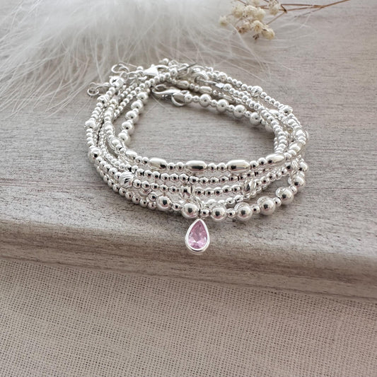 Sterling Silver Bracelet Stack, 5 Sterling Silver Stacking Bracelets Set with Cubic zirconia