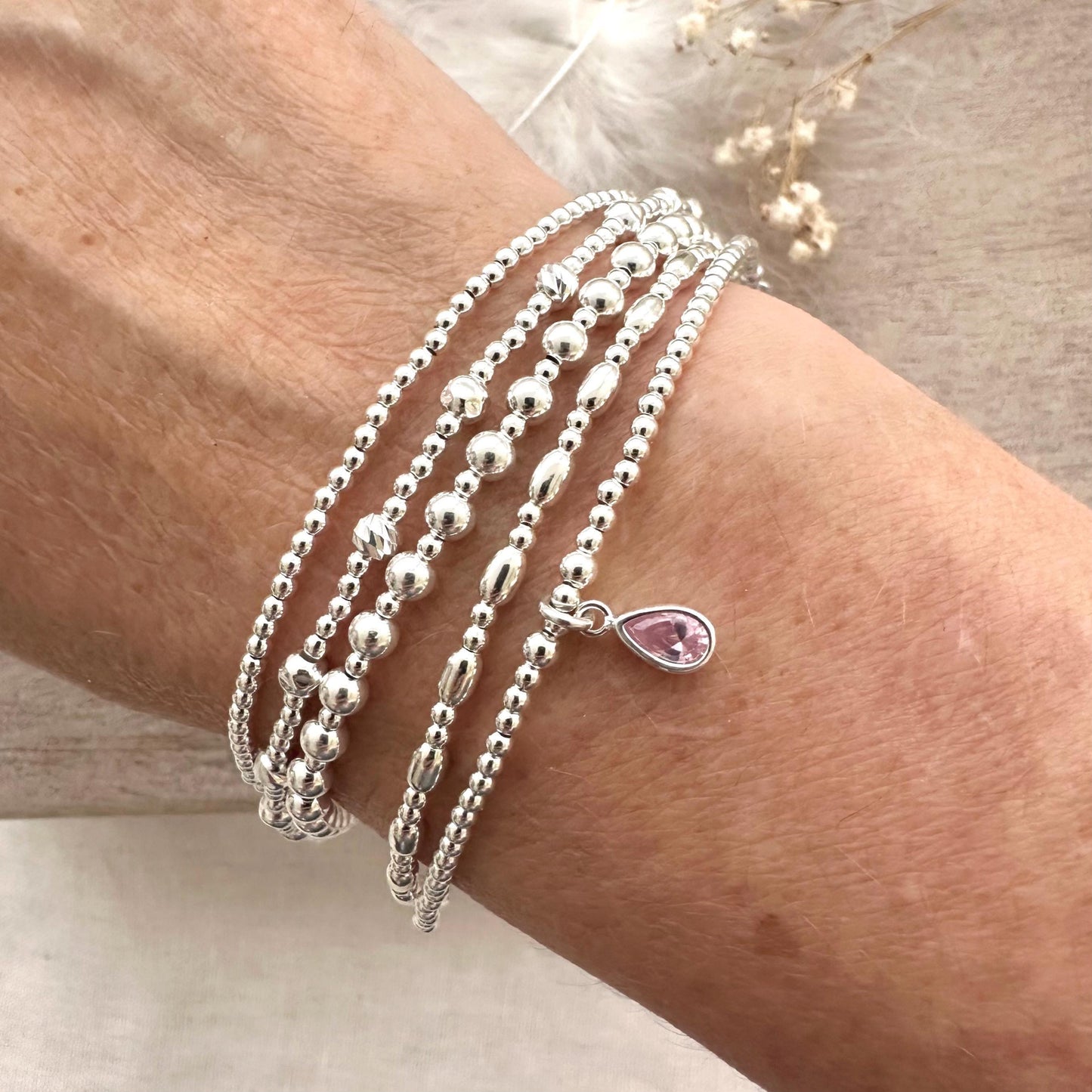 Sterling Silver Bracelet Stack, 5 Sterling Silver Stacking Bracelets Set with Cubic zirconia