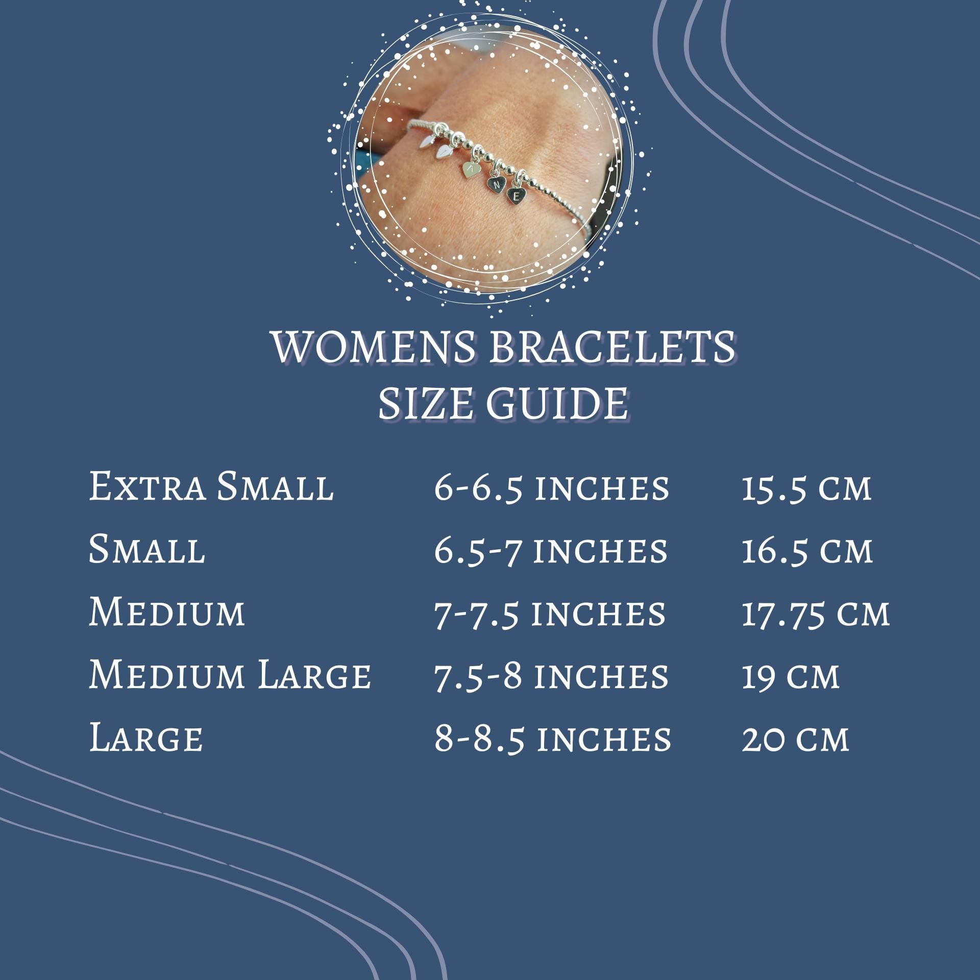 The image is a size guide for women's bracelets, providing the size recommendations for different bracelet styles.