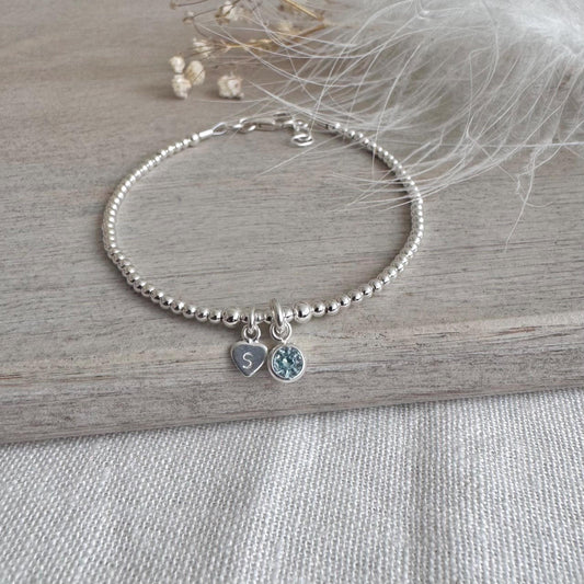 Dainty March Birthstone CZ Initial Bracelet, Personalised Jewellery