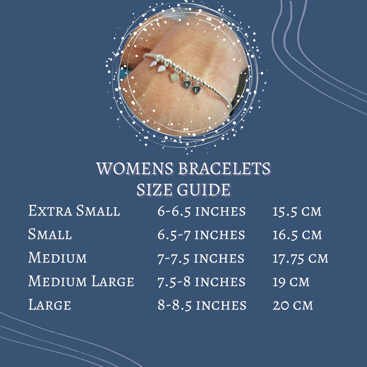 The image is a size guide for women's bracelets, providing measurements for different bracelet sizes ranging from extra small to large.