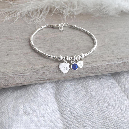 September Birthstone Bracelet for Milestone Birthday, Personalised Initial & Age in Sterling Silver for 18th 21st 30th 40th 50th 60th 70th