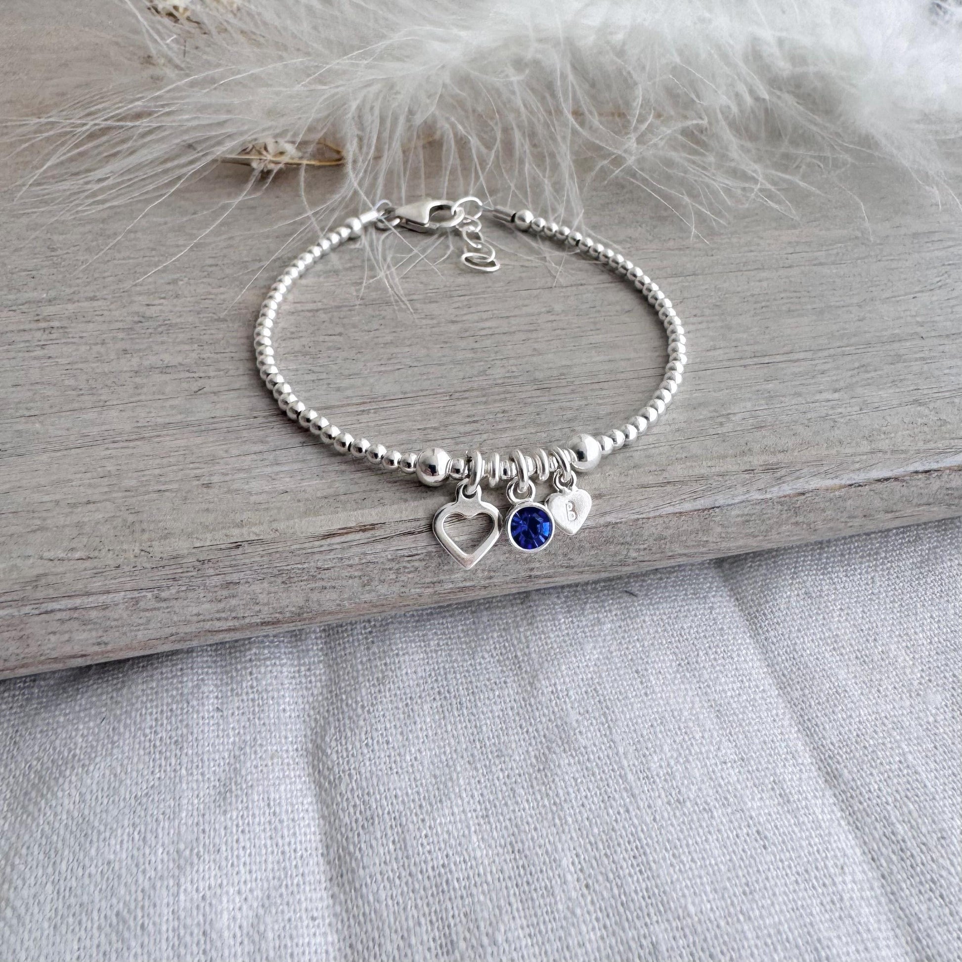Personalised September Birthstone Bracelet for Birthday, Initial & Gem Crystal Charm in Sterling Silver
