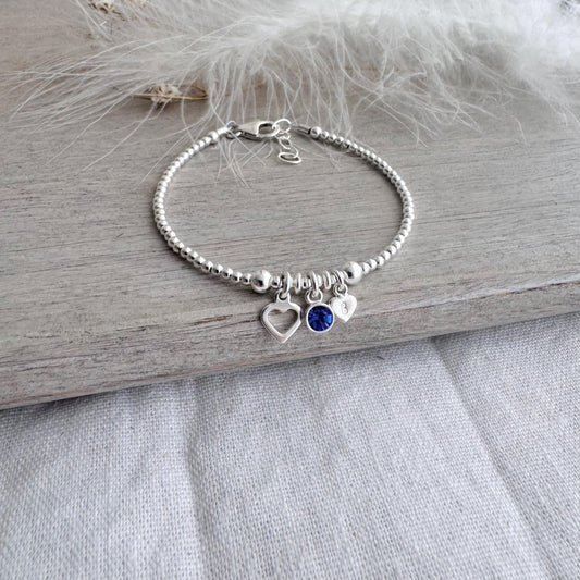 Personalised September Birthstone Bracelet for Birthday, Initial & Gem Crystal Charm in Sterling Silver