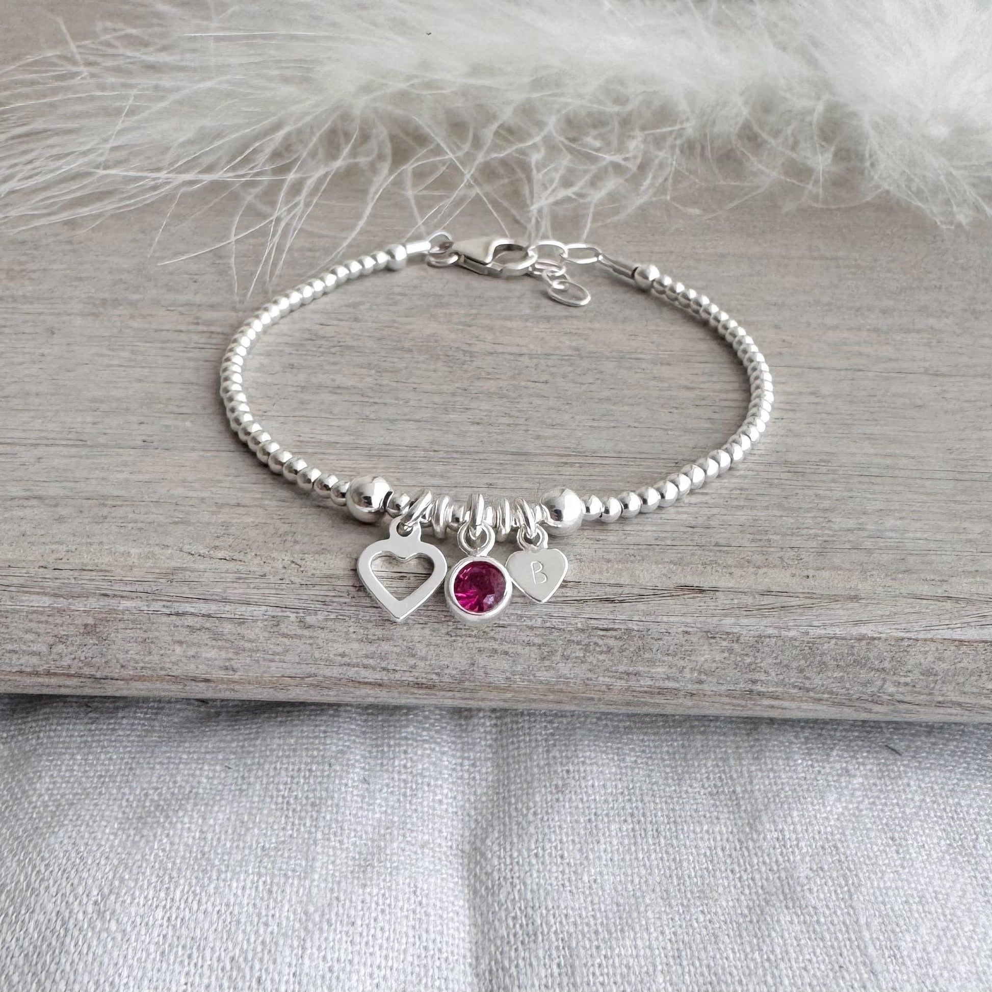 Personalised October Birthstone Bracelet for Birthday, Initial & Gem Crystal Charm in Sterling Silver