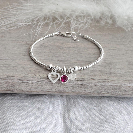 Personalised October Birthstone Bracelet for Birthday, Initial & Gem Crystal Charm in Sterling Silver