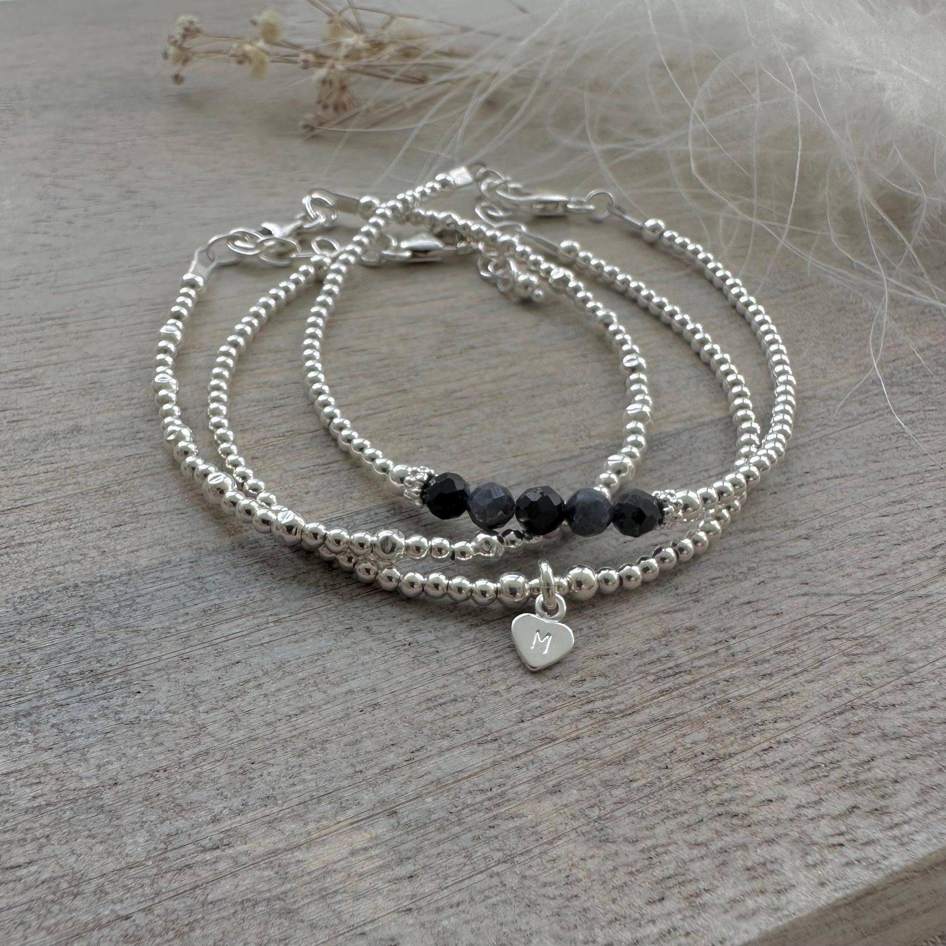 Personalised September Birthstone Sapphire Bracelet Set, Dainty Sterling Silver Stacking Bracelets for Women