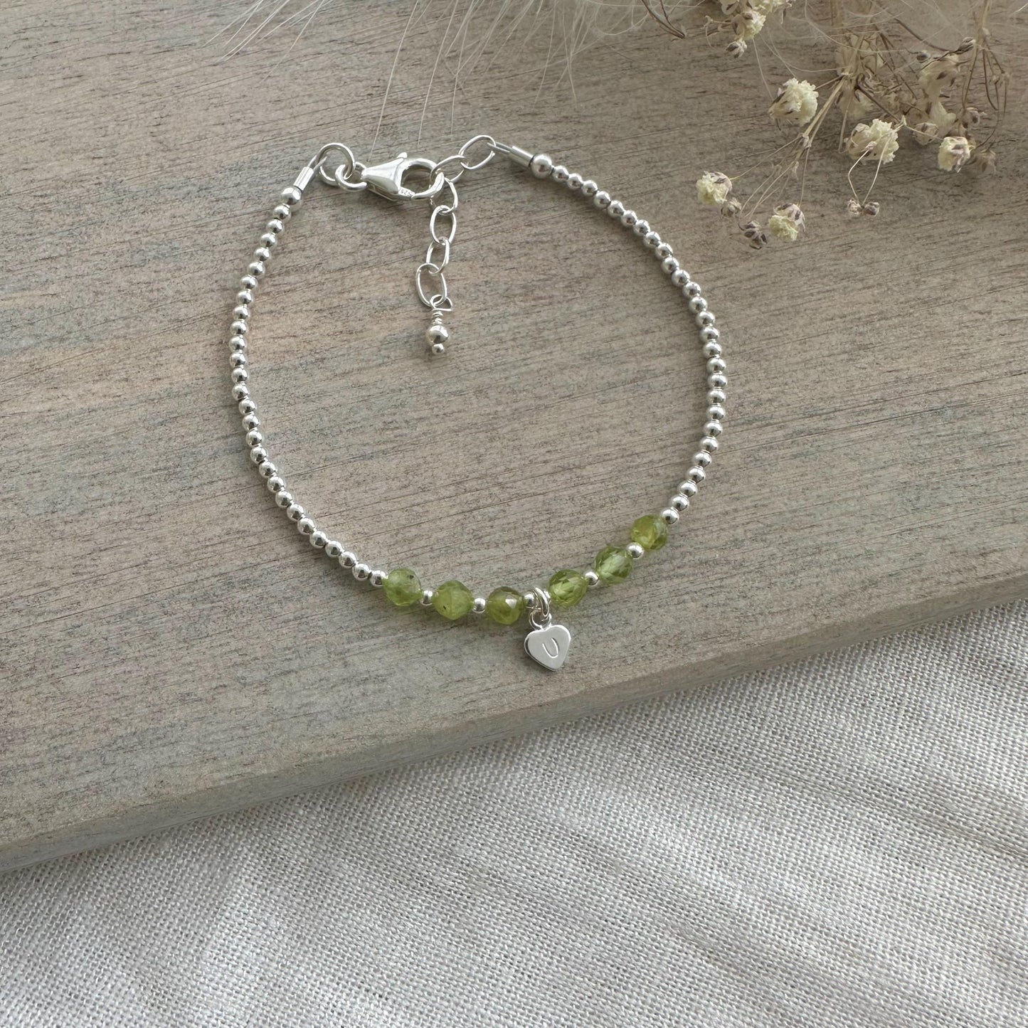 Personalised Peridot Bracelet, Dainty August Birthstone Jewellery in Sterling Silver
