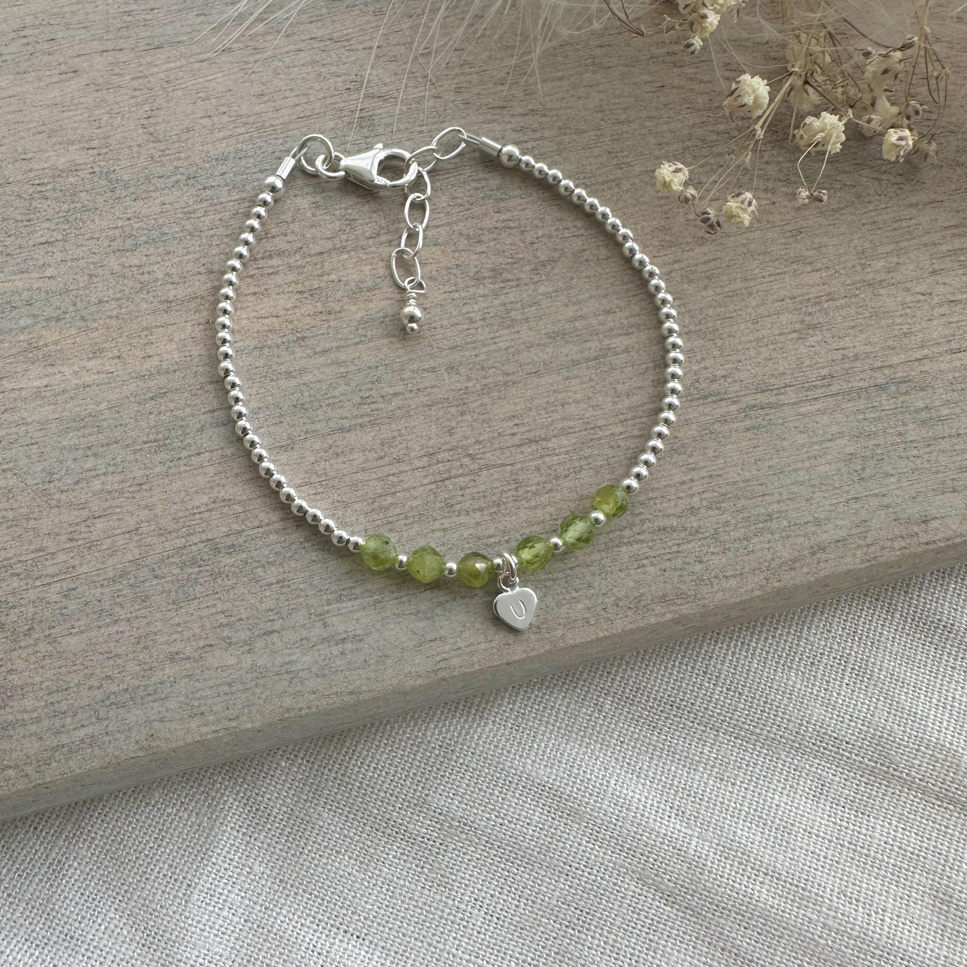 Personalised Peridot Bracelet, Dainty August Birthstone Jewellery in Sterling Silver