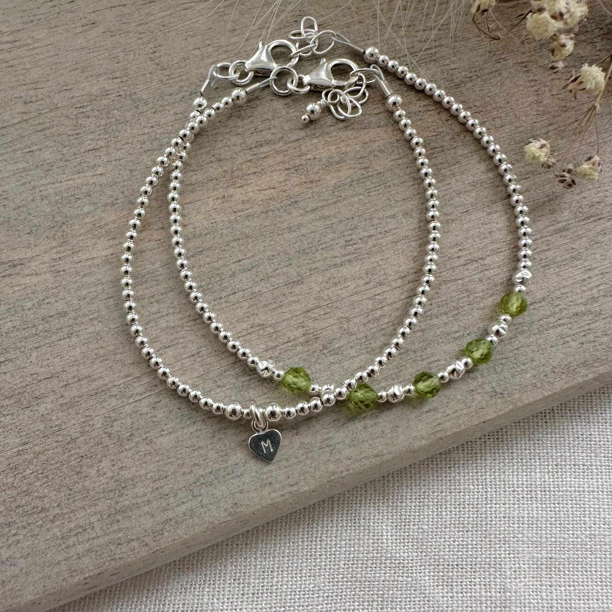 Personalised Peridot Bracelet Set, August Birthstone Jewellery