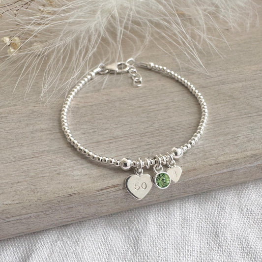 August Birthstone Bracelet for Milestone Birthday, Personalised Initial & Age in Sterling Silver for 16th 18th 21st 30th 40th or 50th
