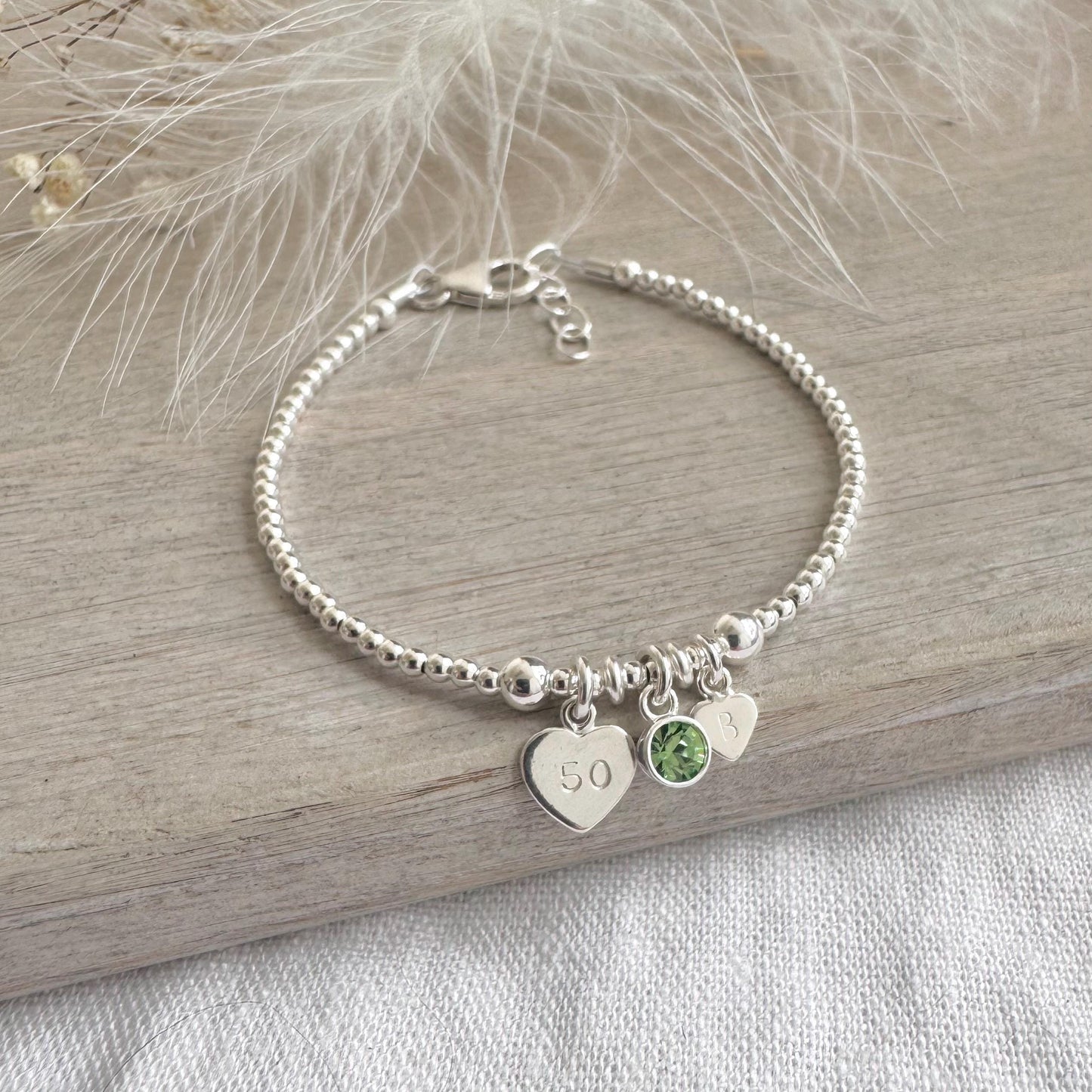 August Birthstone Bracelet for Milestone Birthday, Personalised Initial & Age in Sterling Silver for 16th 18th 21st 30th 40th or 50th