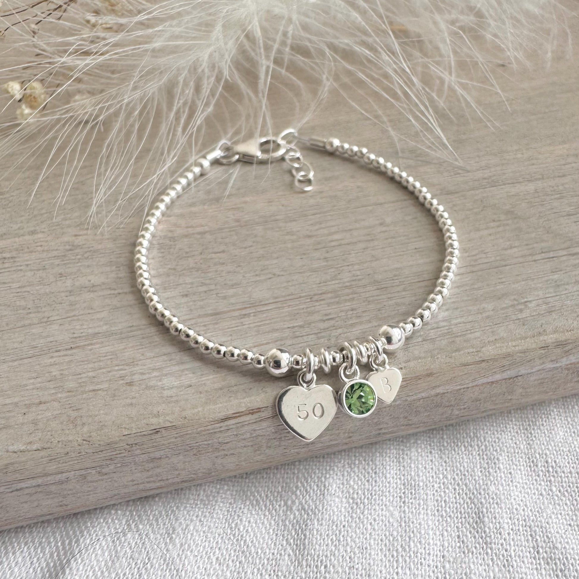 August Birthstone Bracelet for Milestone Birthday, Personalised Initial & Age in Sterling Silver for 16th 18th 21st 30th 40th or 50th