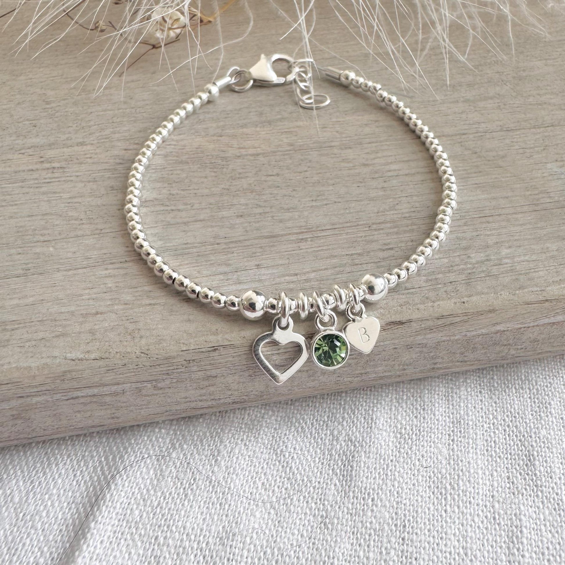Personalised August Birthstone Bracelet for Birthday, Initial & Gem Crystal Charm in Sterling Silver