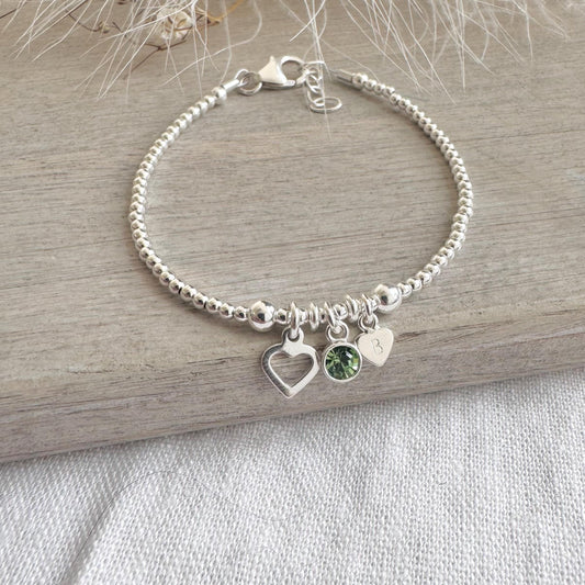 Personalised August Birthstone Bracelet for Birthday, Initial & Gem Crystal Charm in Sterling Silver