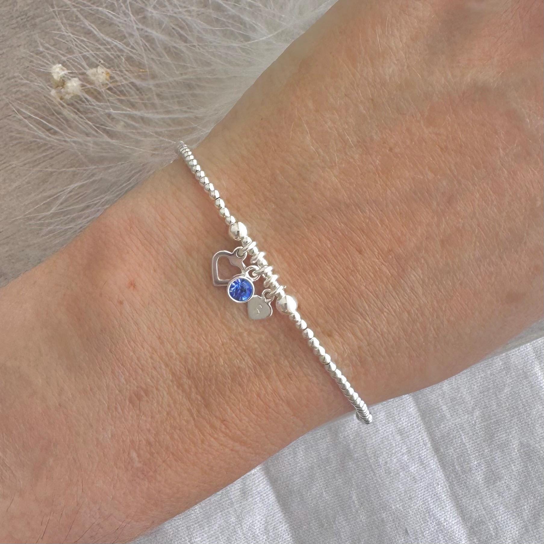 Personalised September Birthstone Bracelet for Birthday, Initial & Gem Crystal Charm in Sterling Silver