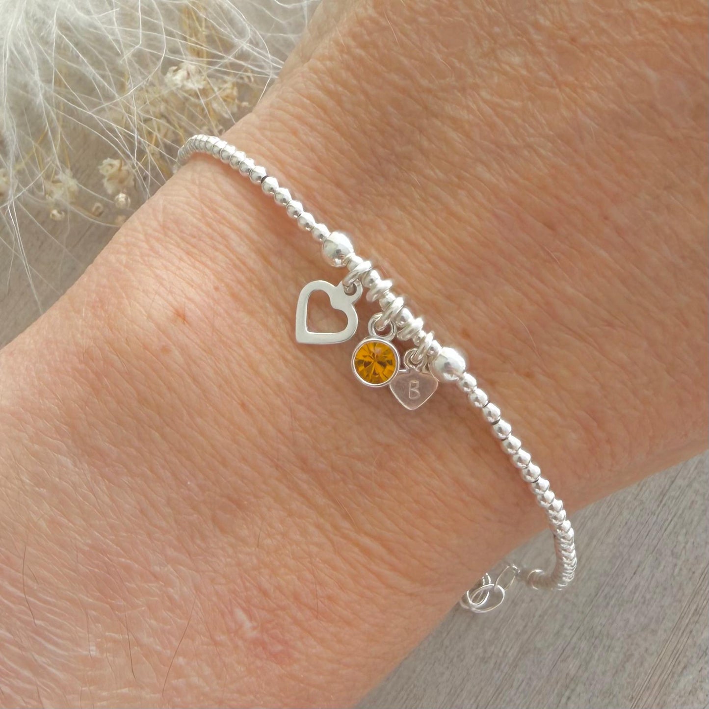 Personalised November Birthstone Bracelet for Birthday, Initial & Gem Crystal Charm in Sterling Silver