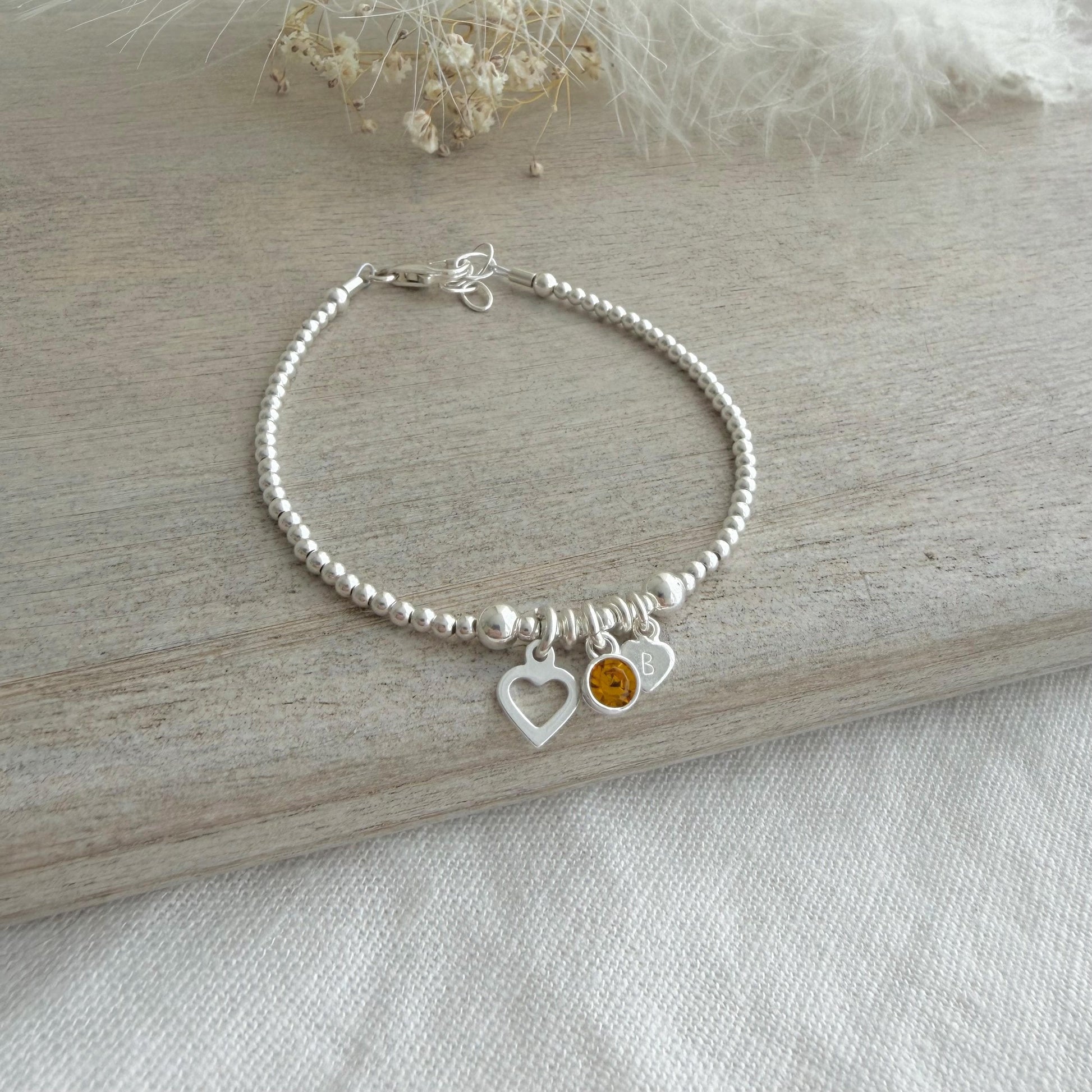 Personalised November Birthstone Bracelet for Birthday, Initial & Gem Crystal Charm in Sterling Silver