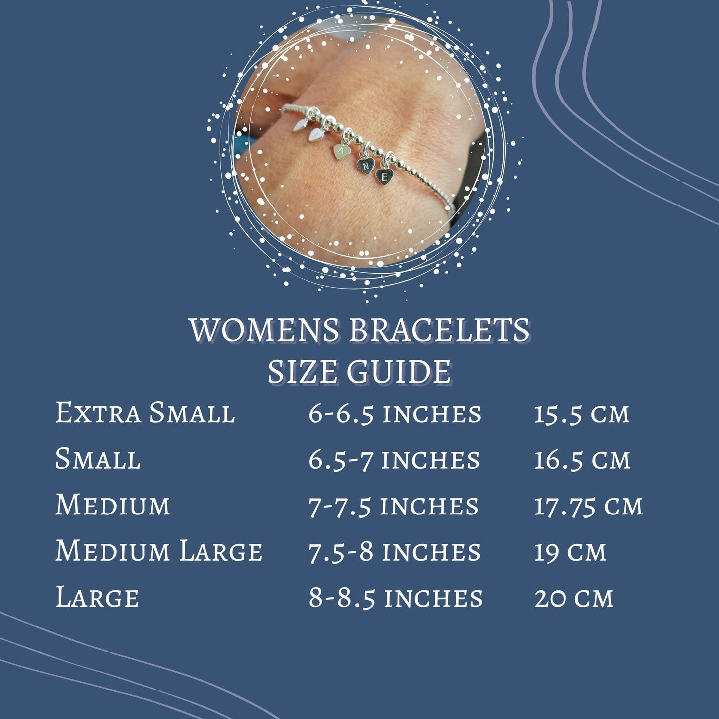 The image is a size guide for women&#39;s bracelets, providing measurements for different bracelet sizes ranging from extra small to large.