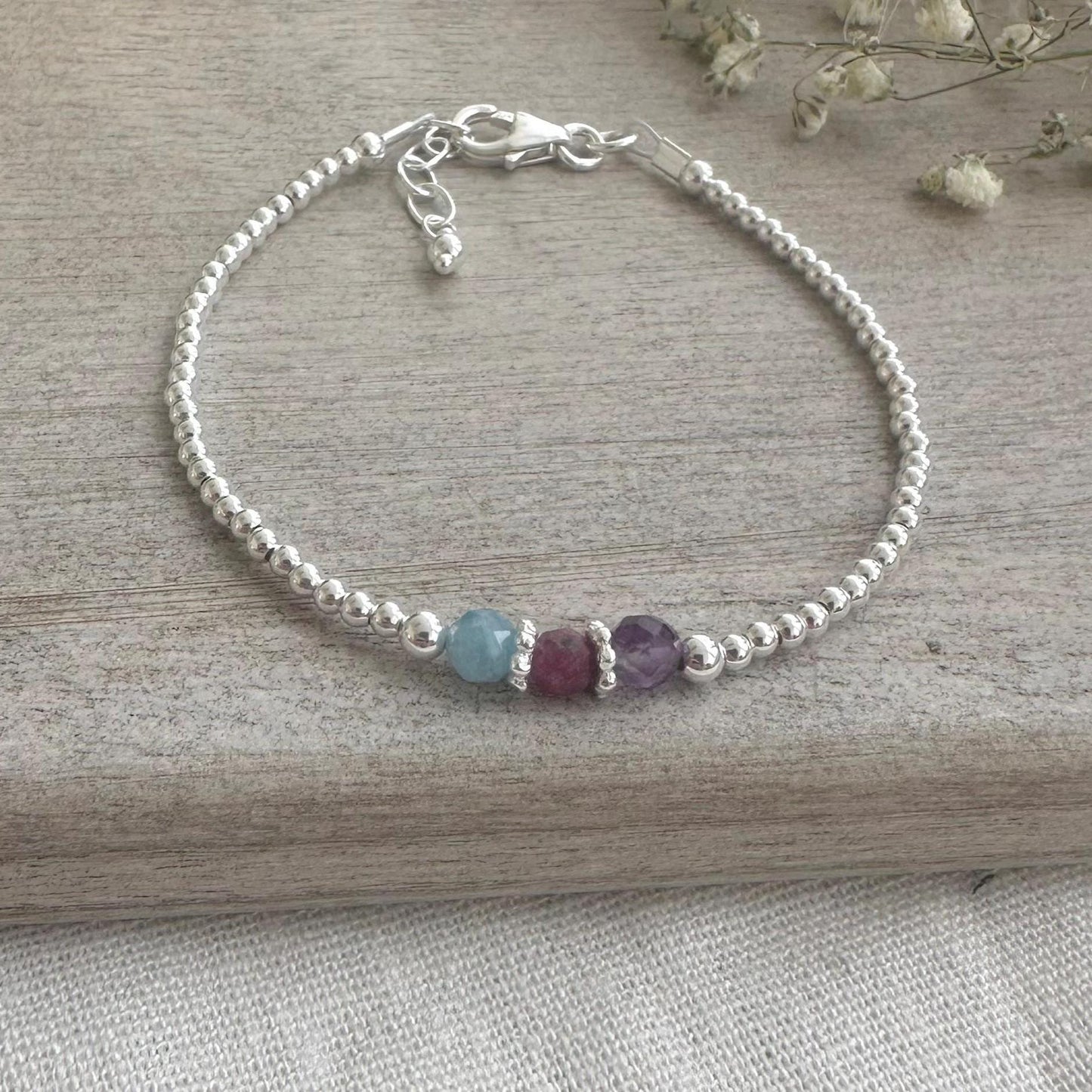 Personalised Birthstone Bracelet, Dainty Silver Bracelet with Family Birthstones