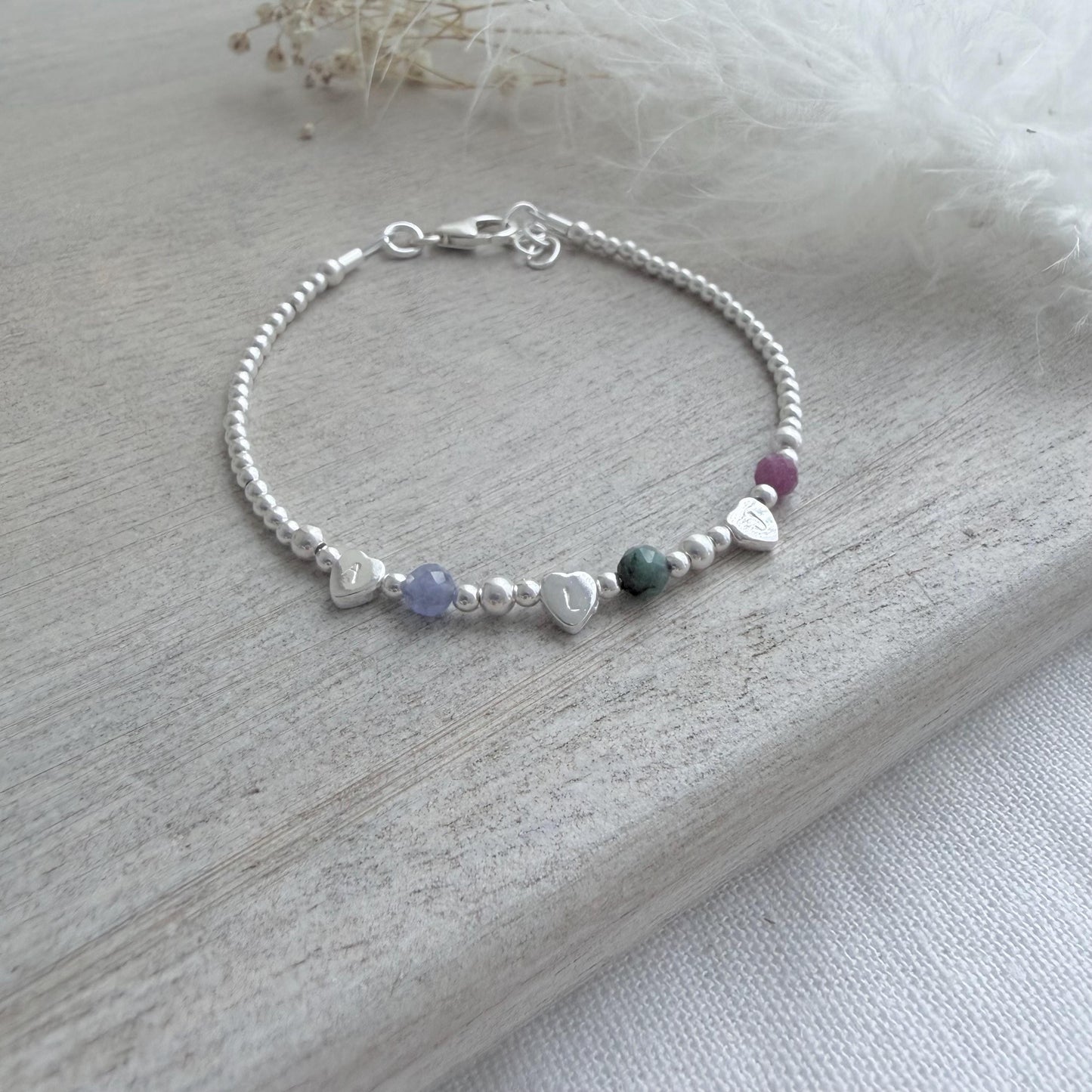 Very dainty personalised Family Birthstone Bracelet with Family Initial hearts for Mum or Grandmother for Christmas