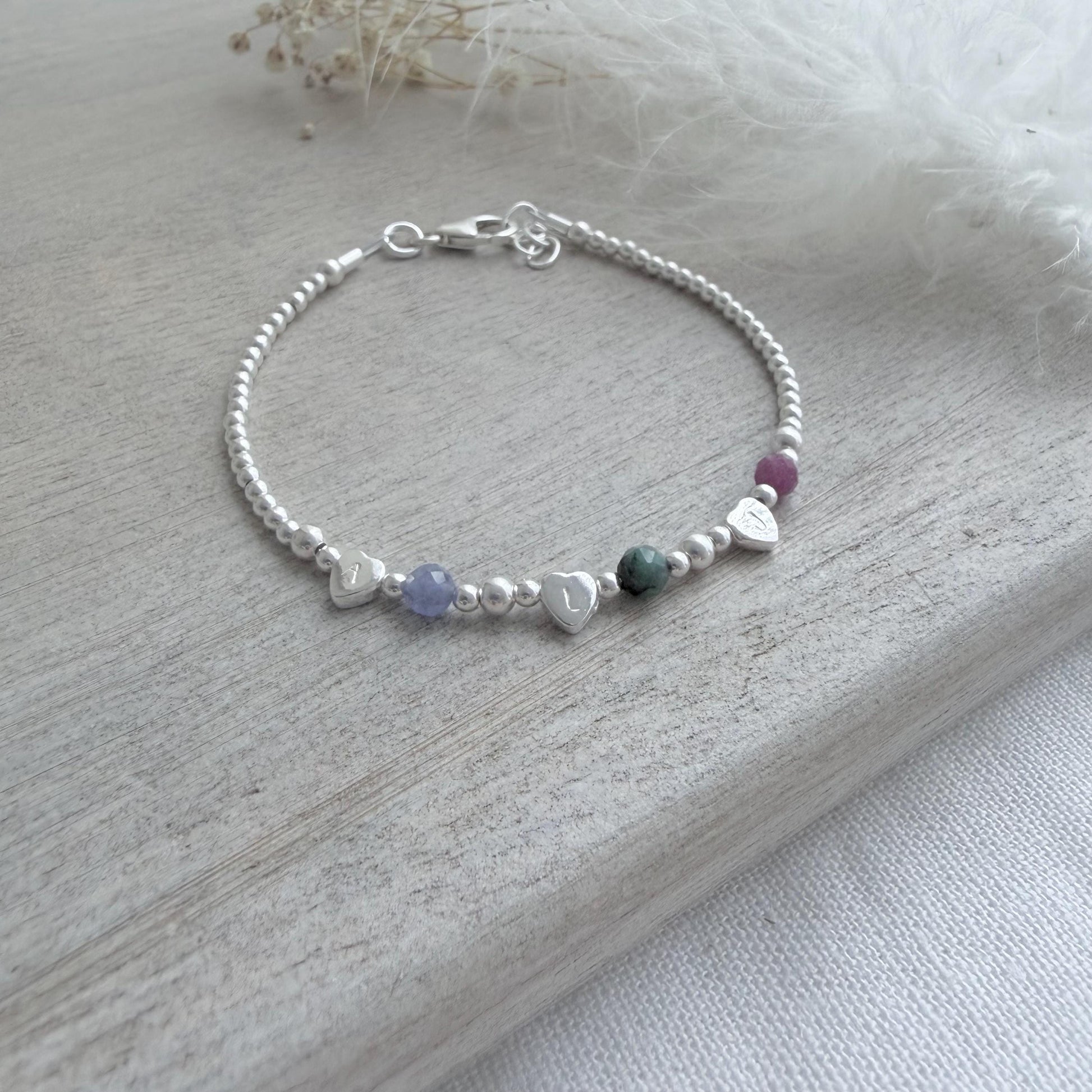 Very dainty personalised Family Birthstone Bracelet with Family Initial hearts for Mum or Grandmother for Christmas