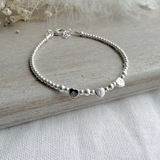 Tiny Hearts Beaded Family Initials Bracelet in sterling silver, Very dainty Personalised Monogram Jewellery Gift for Women
