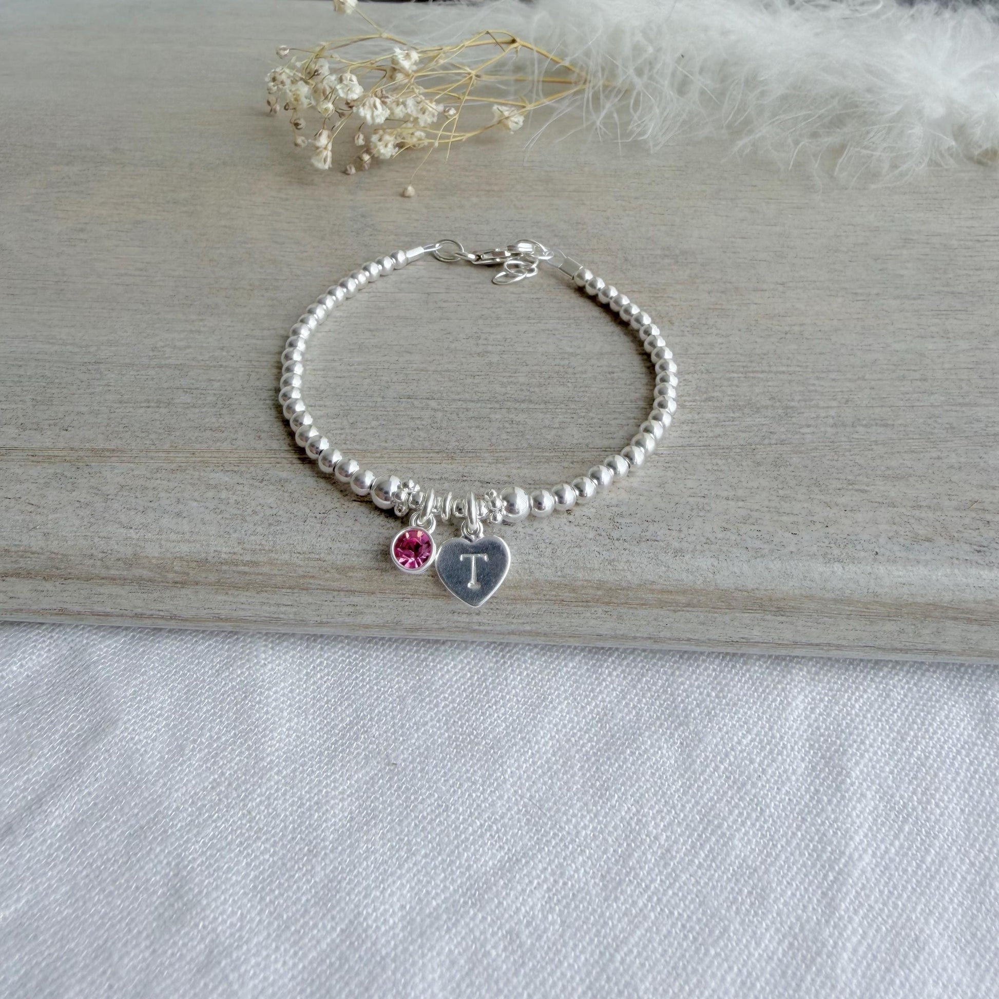 Personalised Bracelet with birthstone crystal and initial, 3mm Sterling Silver Keepsake Gift
