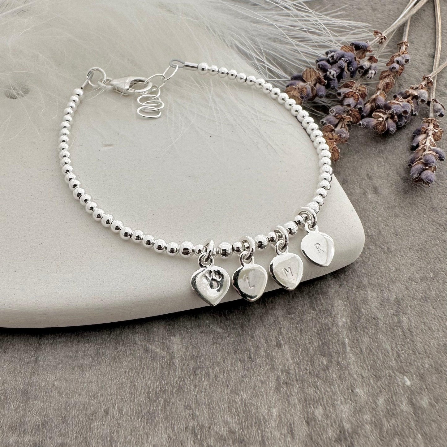 Paw Family and Pet Initials Personalised Bracelet sterling silver, Cat Dog lovers gift Dainty Jewellery