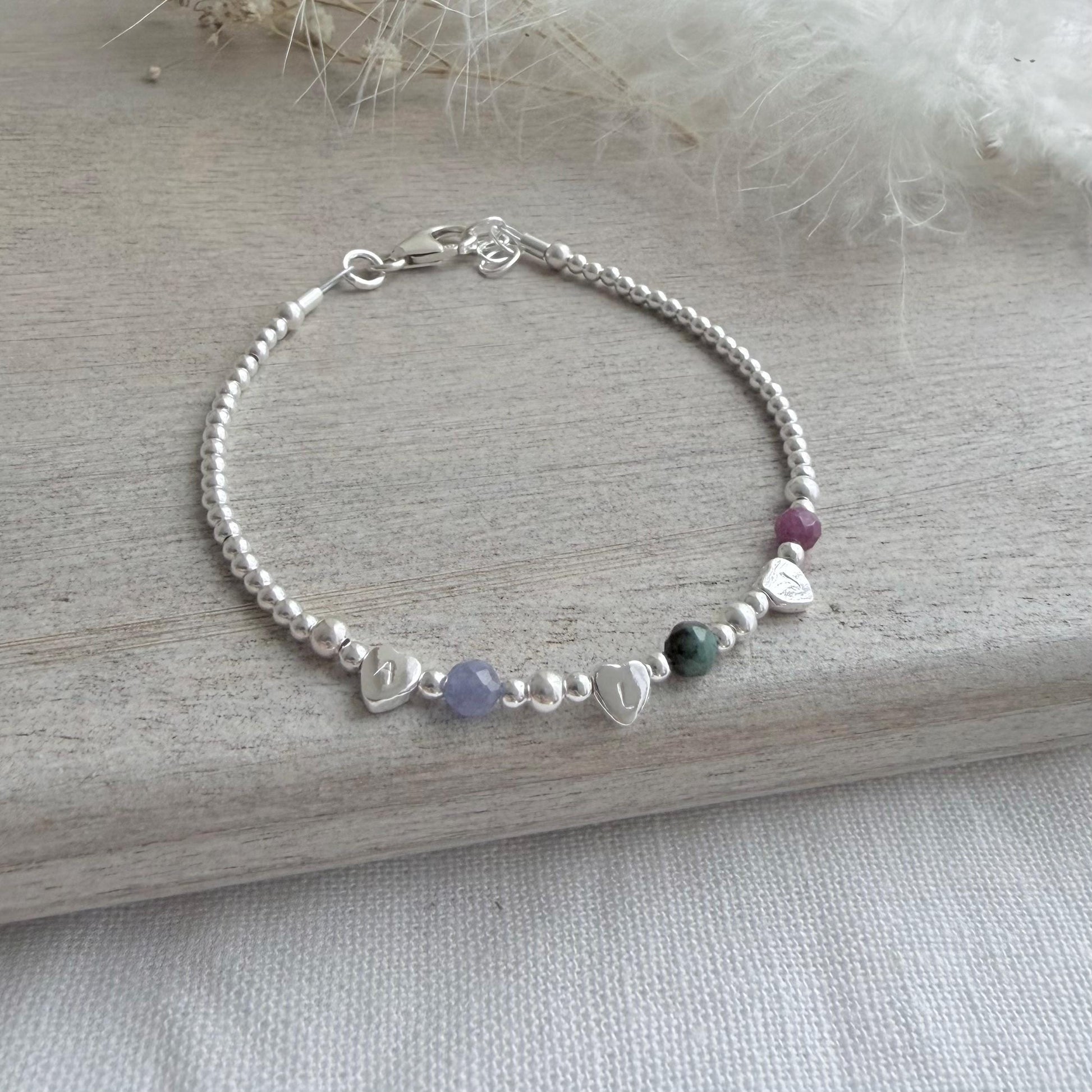 Very dainty personalised Family Birthstone Bracelet with Family Initial hearts for Mum or Grandmother for Christmas