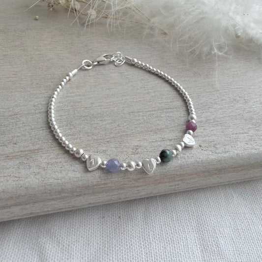 Very dainty personalised Family Birthstone Bracelet with Family Initial hearts for Mum or Grandmother for Christmas