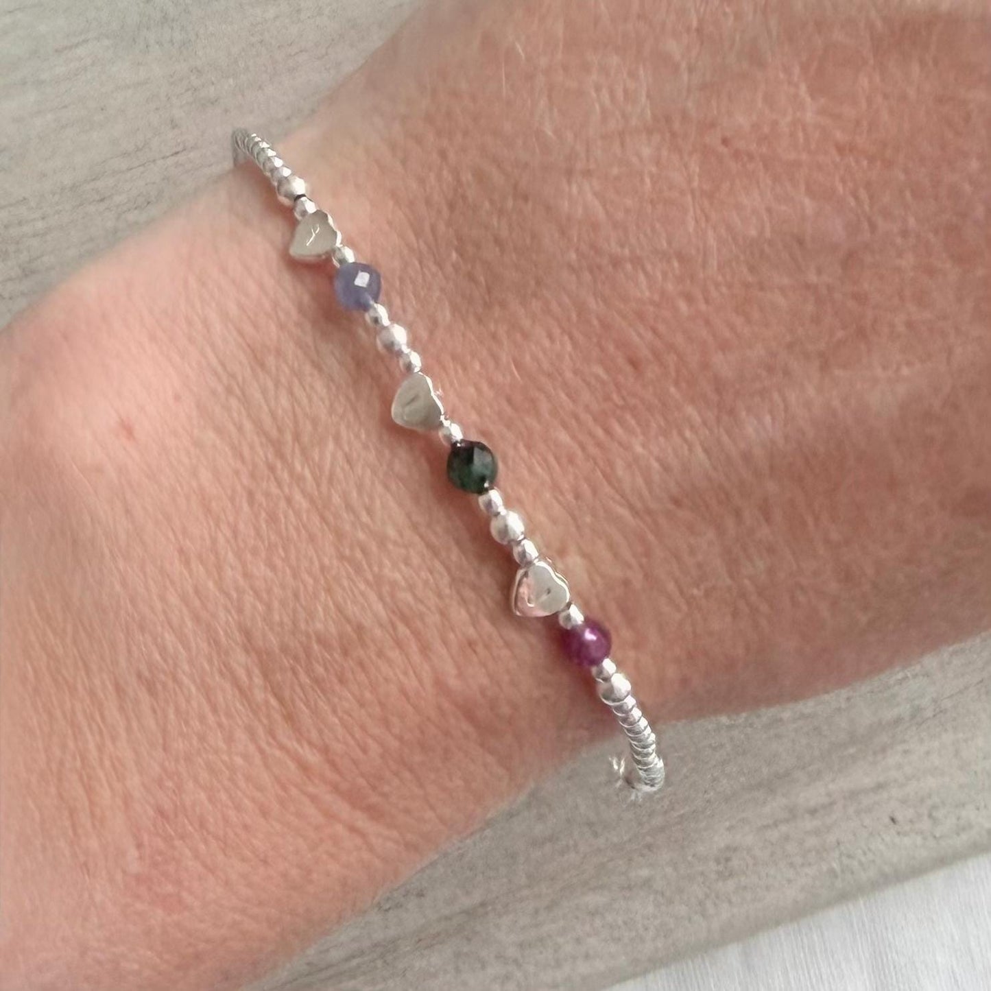 Very dainty personalised Family Birthstone Bracelet with Family Initial hearts for Mum or Grandmother for Christmas