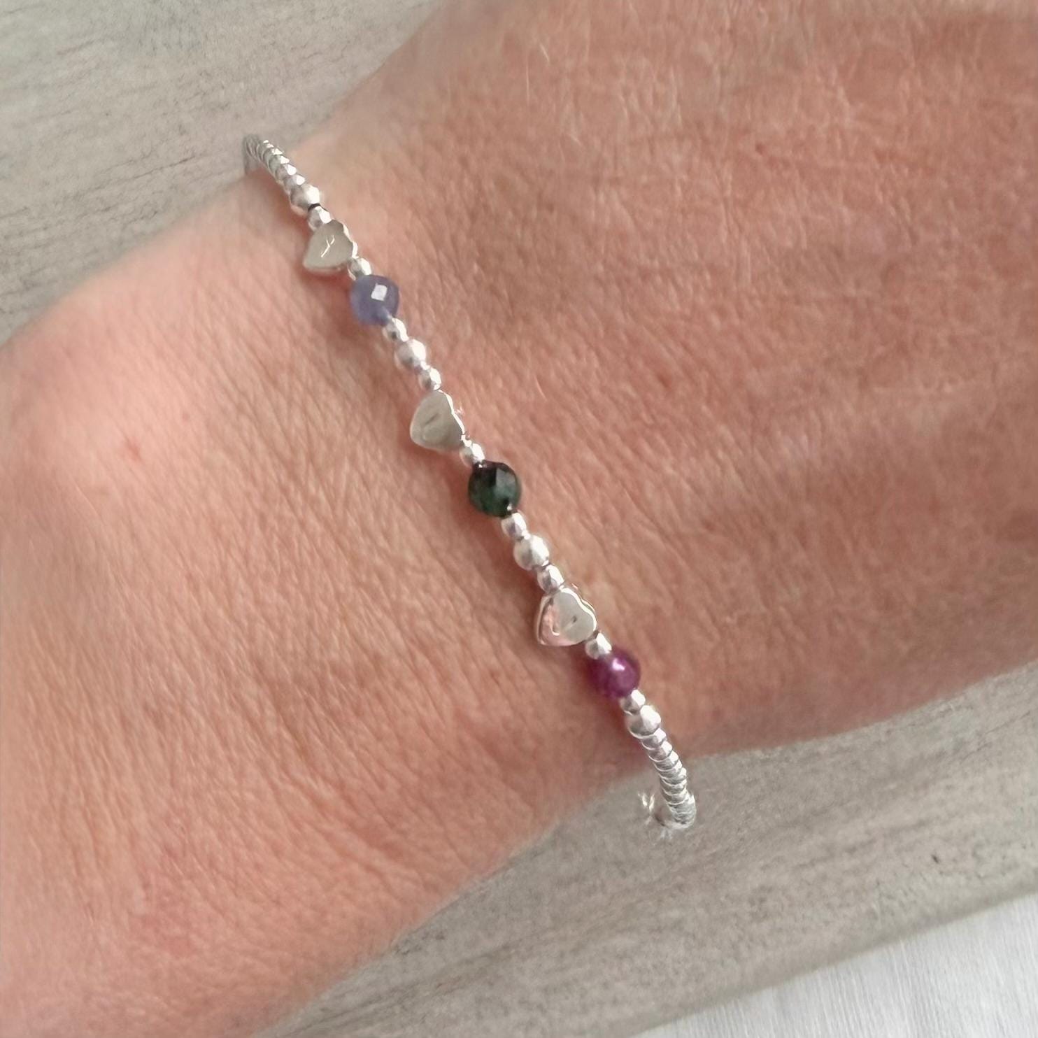 Very dainty personalised Family Birthstone Bracelet with Family Initial hearts for Mum or Grandmother for Christmas