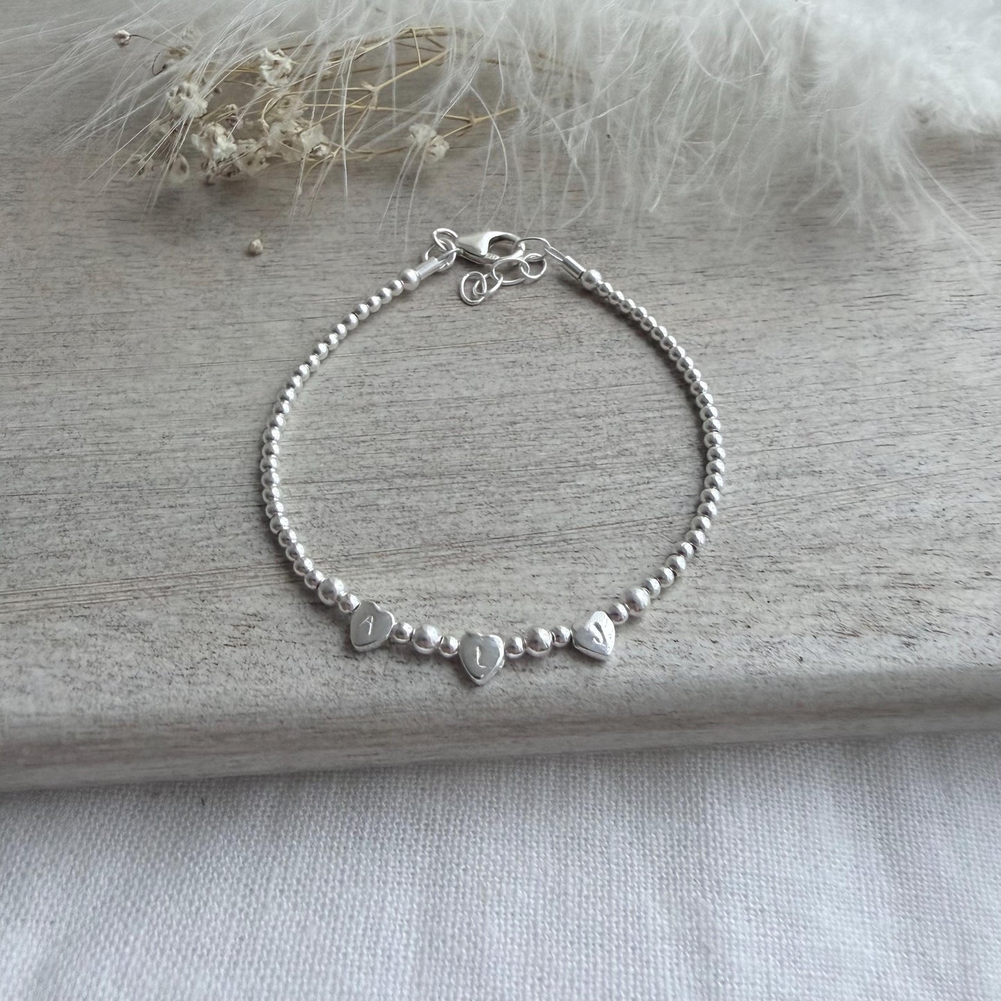 Tiny Hearts Beaded Family Initials Bracelet in sterling silver, Very dainty Personalised Monogram Jewellery Gift for Women
