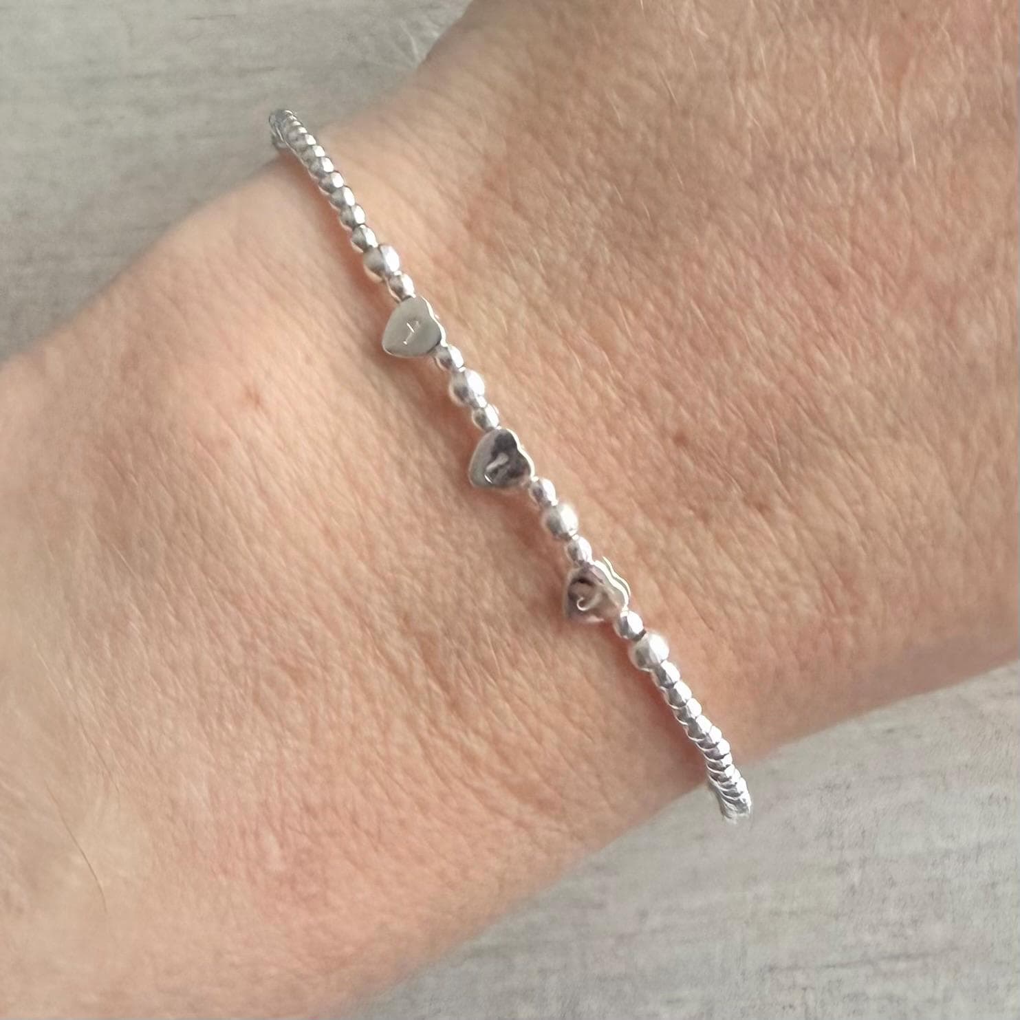 Tiny Hearts Beaded Family Initials Bracelet in sterling silver, Very dainty Personalised Monogram Jewellery Gift for Women
