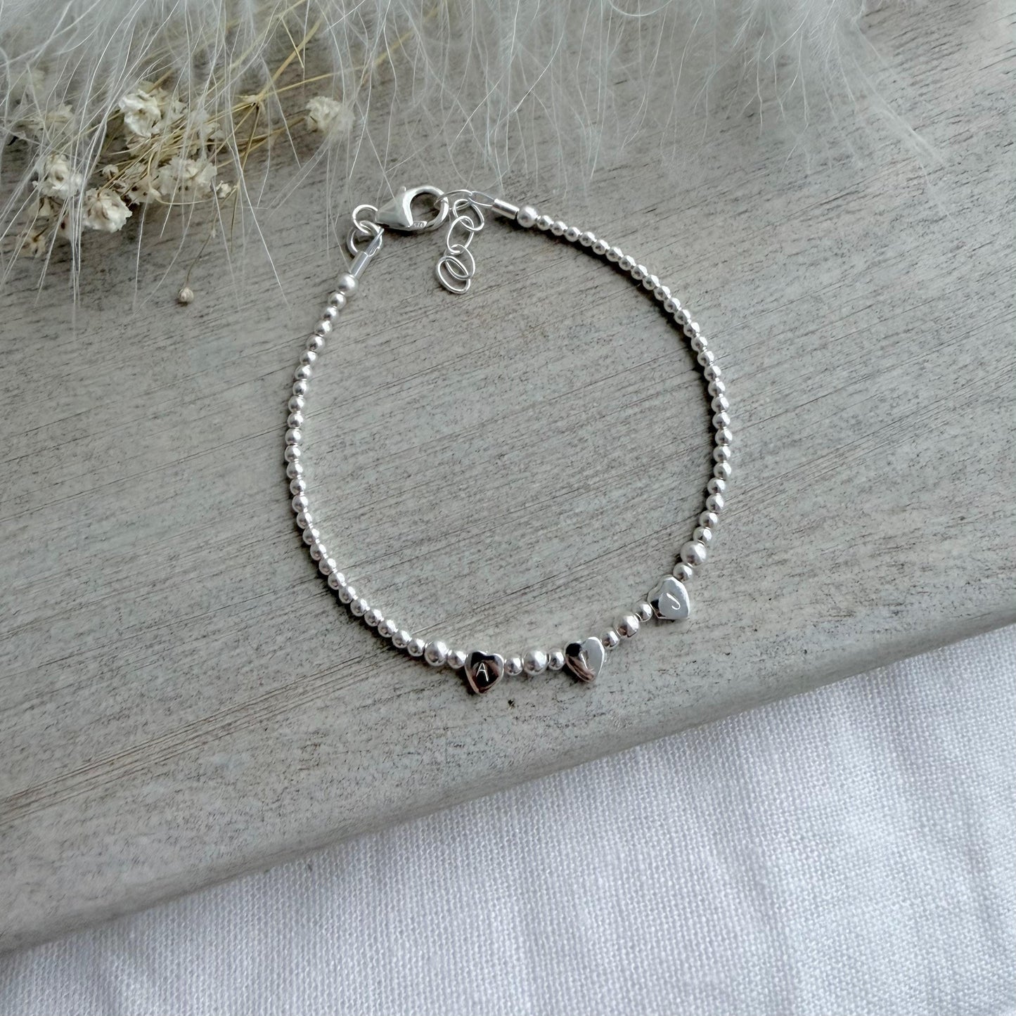 Tiny Hearts Beaded Family Initials Bracelet in sterling silver, Very dainty Personalised Monogram Jewellery Gift for Women