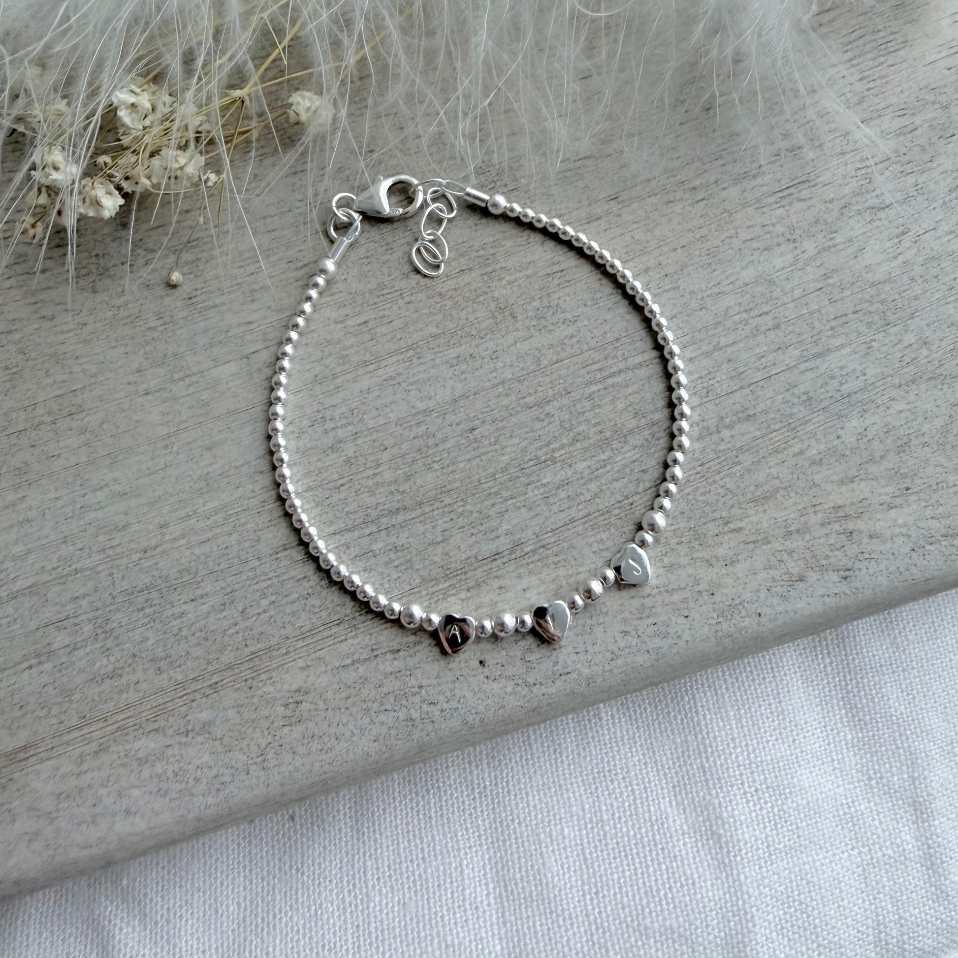 Tiny Hearts Beaded Family Initials Bracelet in sterling silver, Very dainty Personalised Monogram Jewellery Gift for Women