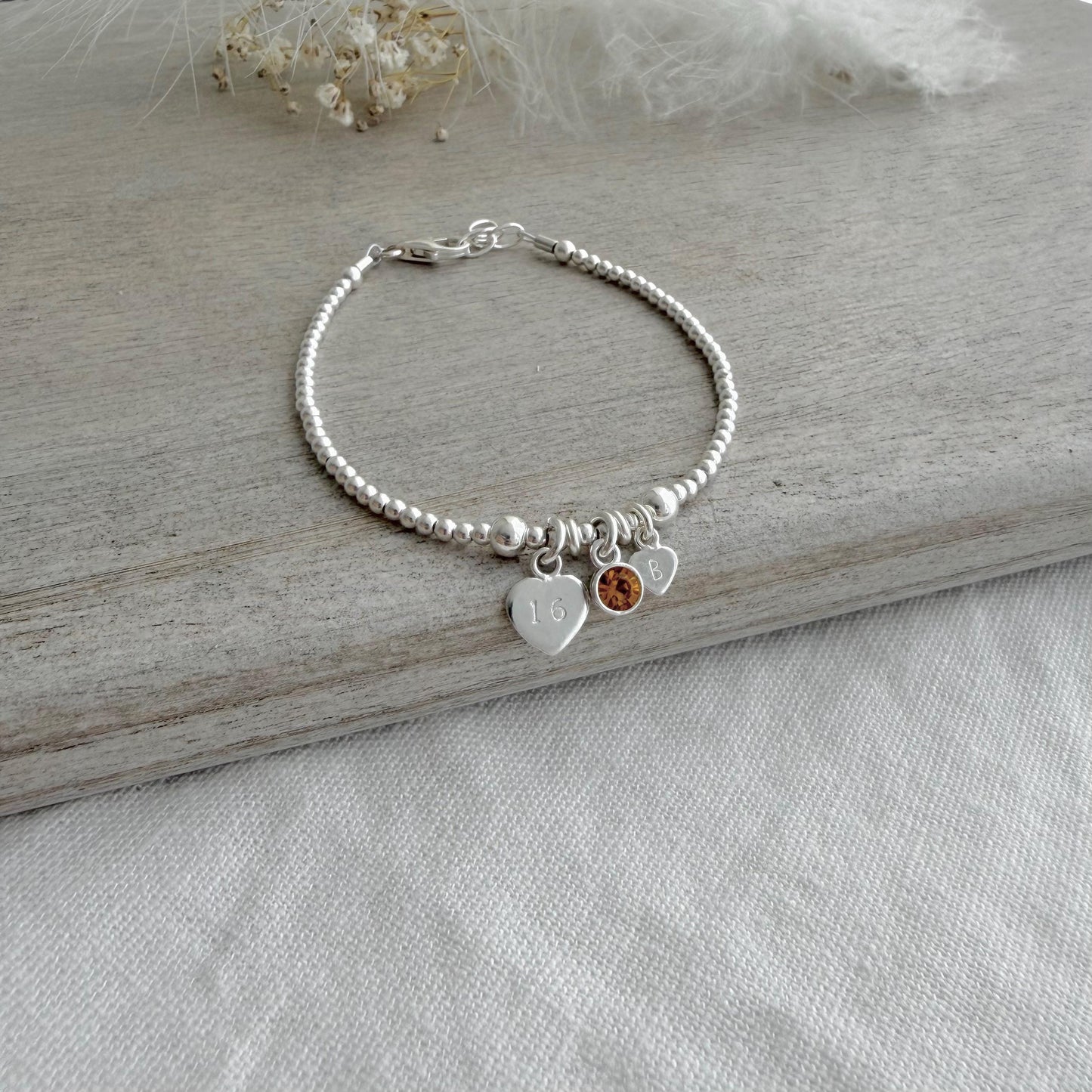 November Birthstone Bracelet for Milestone Birthday, Personalised Initial & Age in Sterling Silver for 18th 21st 30th 40th 50th 60th 70th