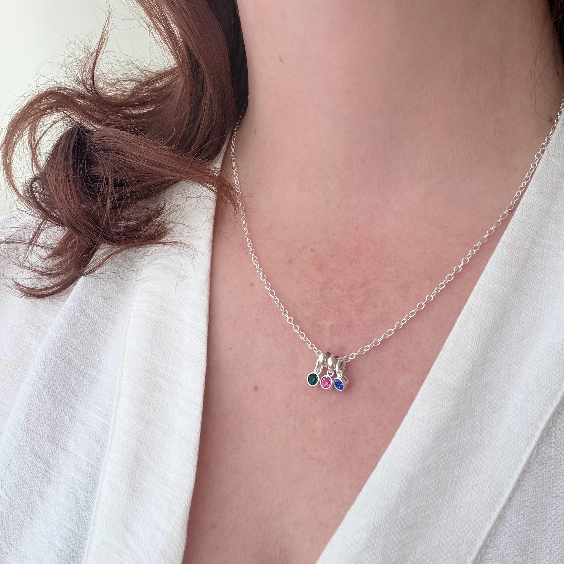 Dainty Family Birthstone Charm Necklace in Sterling Silver