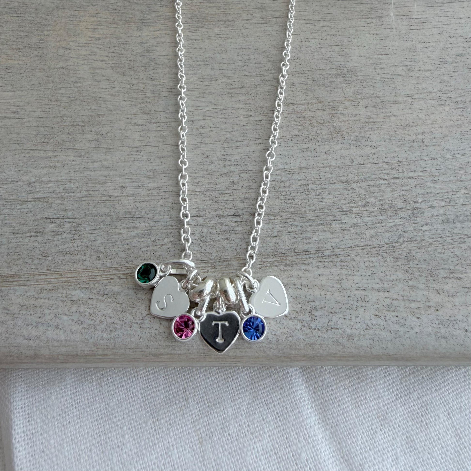 Dainty Personalised Cubic Zirconia Birthstone Charm Necklace with Family Initials , Sentimental Gift for Mum