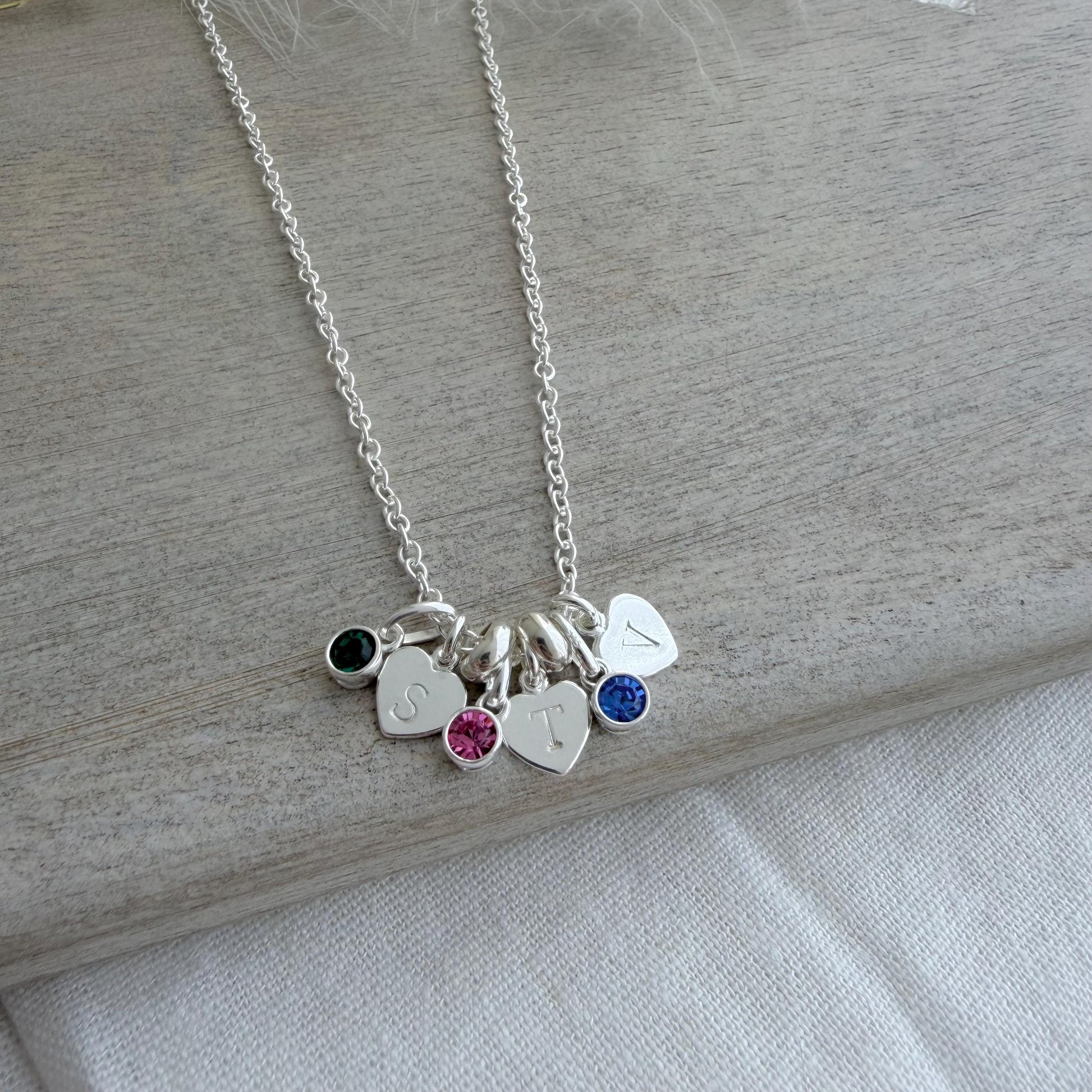 Dainty Personalised Cubic Zirconia Birthstone Charm Necklace with Family Initials , Sentimental Gift for Mum