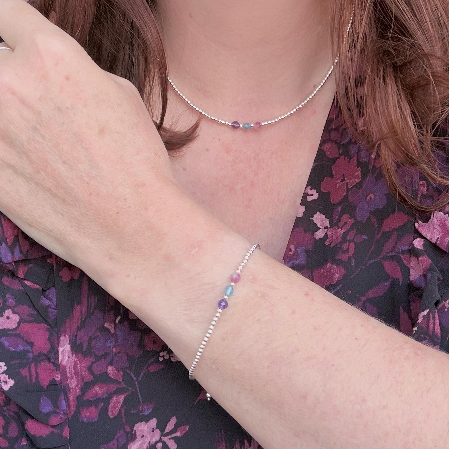Family Birthstones Bracelet and Necklace Set, Dainty Meaningful Sterling Silver Jewellery for Mums