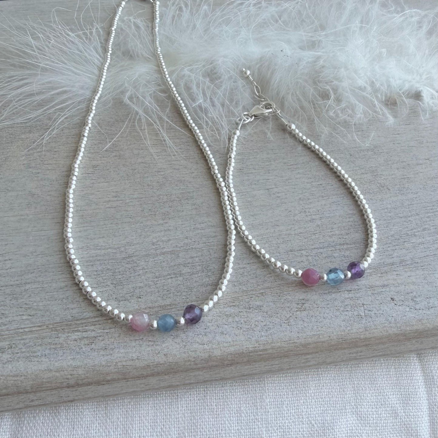 Family Birthstones Bracelet and Necklace Set, Dainty Meaningful Sterling Silver Jewellery for Mums