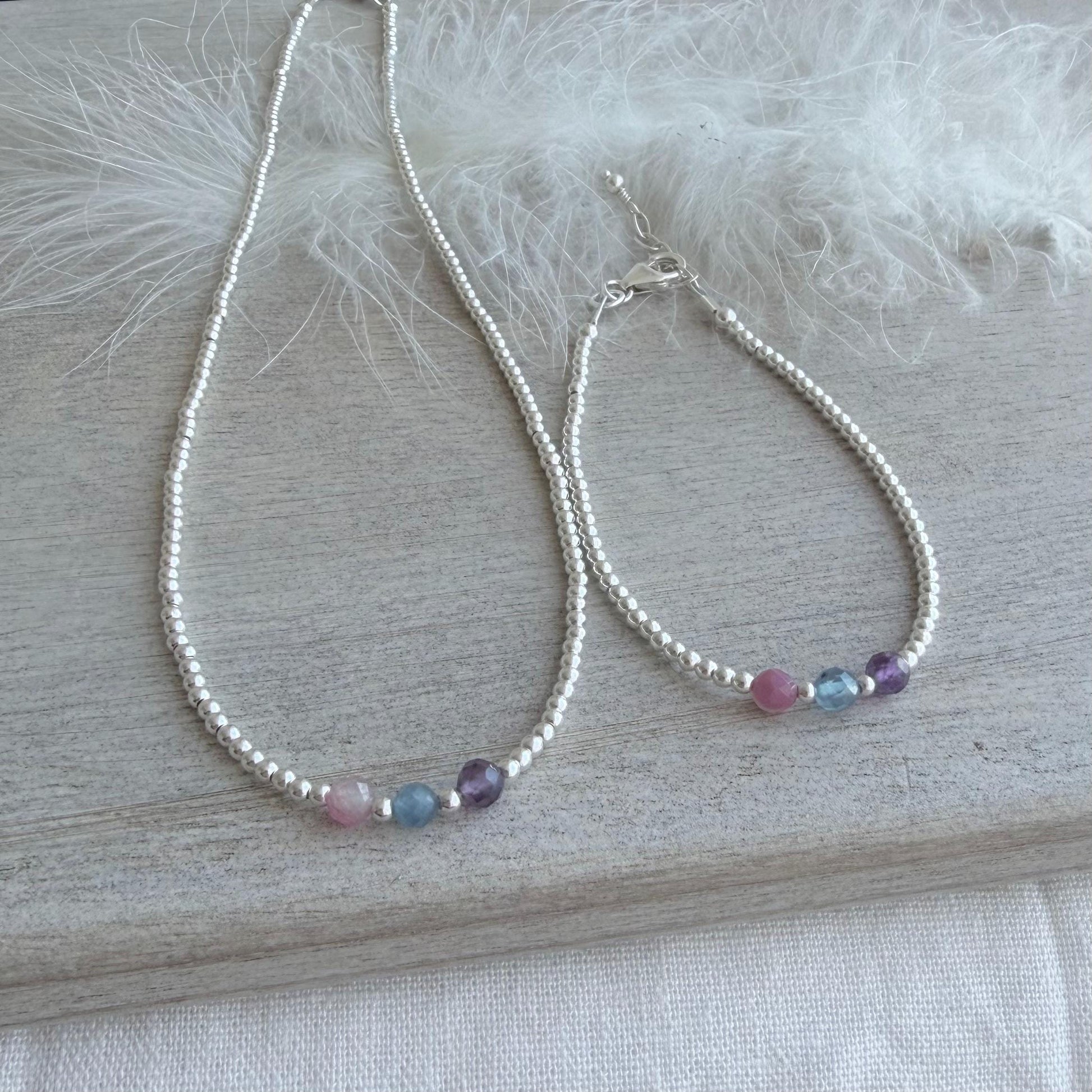 Family Birthstones Bracelet and Necklace Set, Dainty Meaningful Sterling Silver Jewellery for Mums