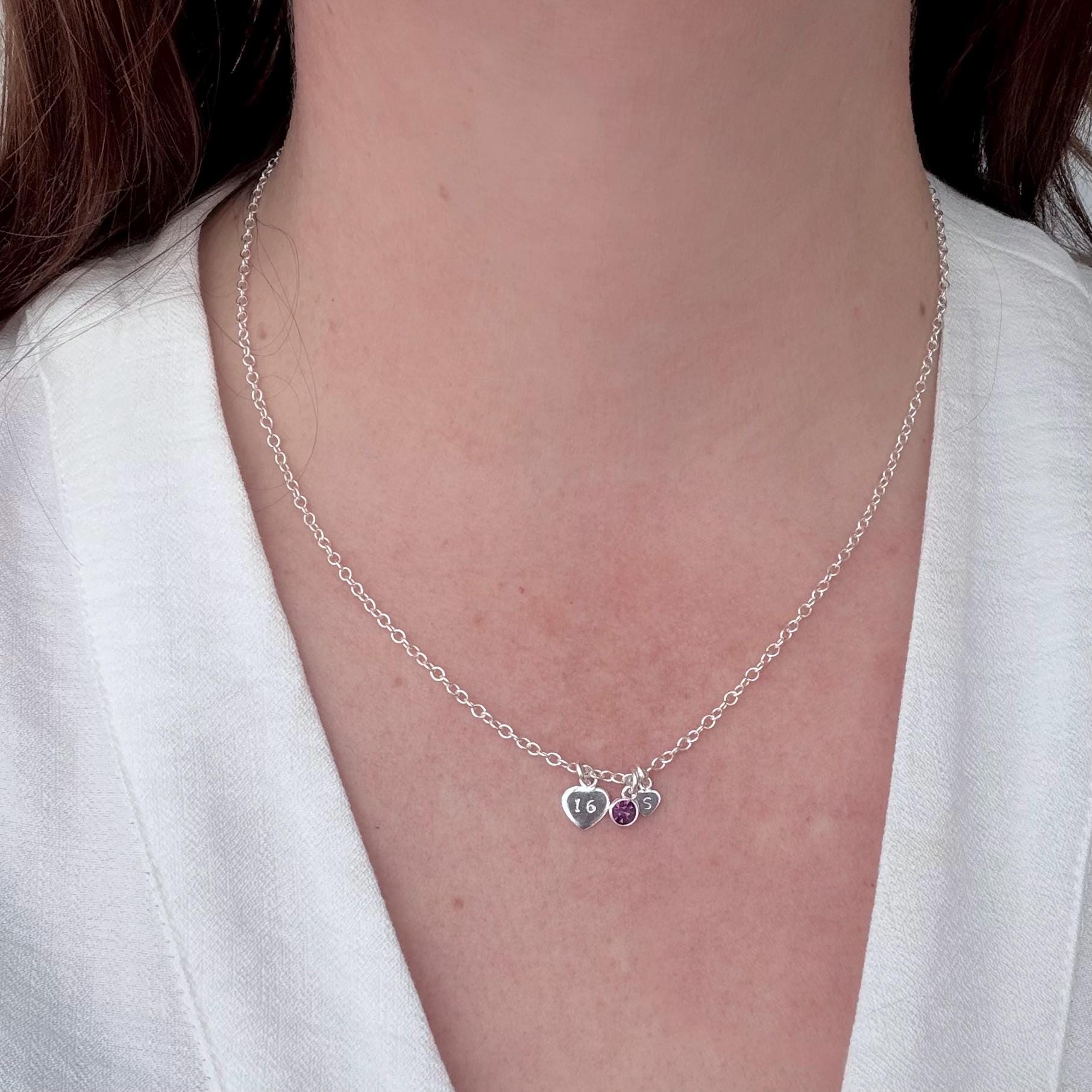 Personalised February Birthstone Necklace in Sterling Silver with Milestone Age for 16th 18th 21st 30th 40th 50th 60th 70th