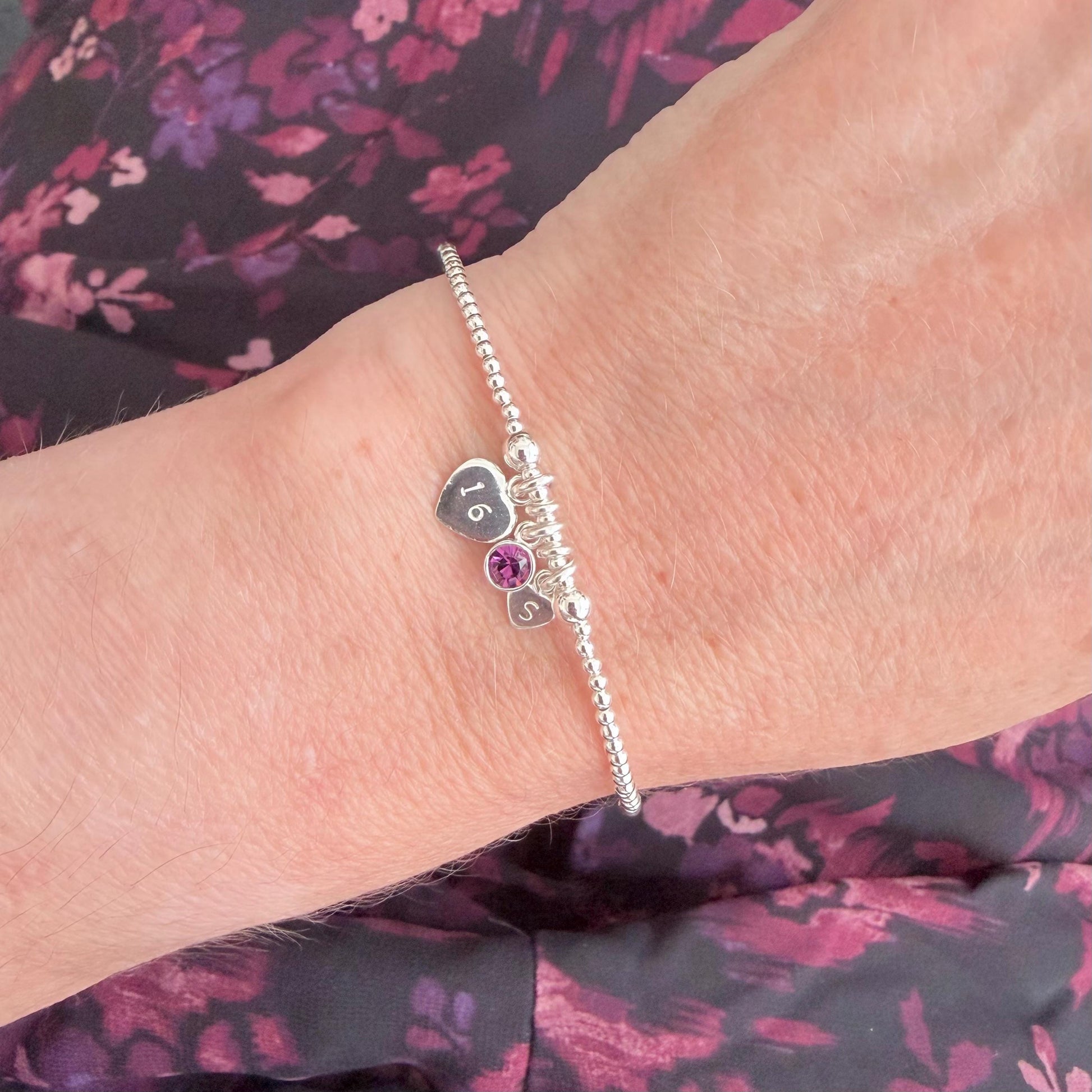 February Birthstone Bracelet, Personalised Sterling Silver Initial & Age Charm Gift for 16th 18th 21st 30th 40th 50th 60th 70th Birthday